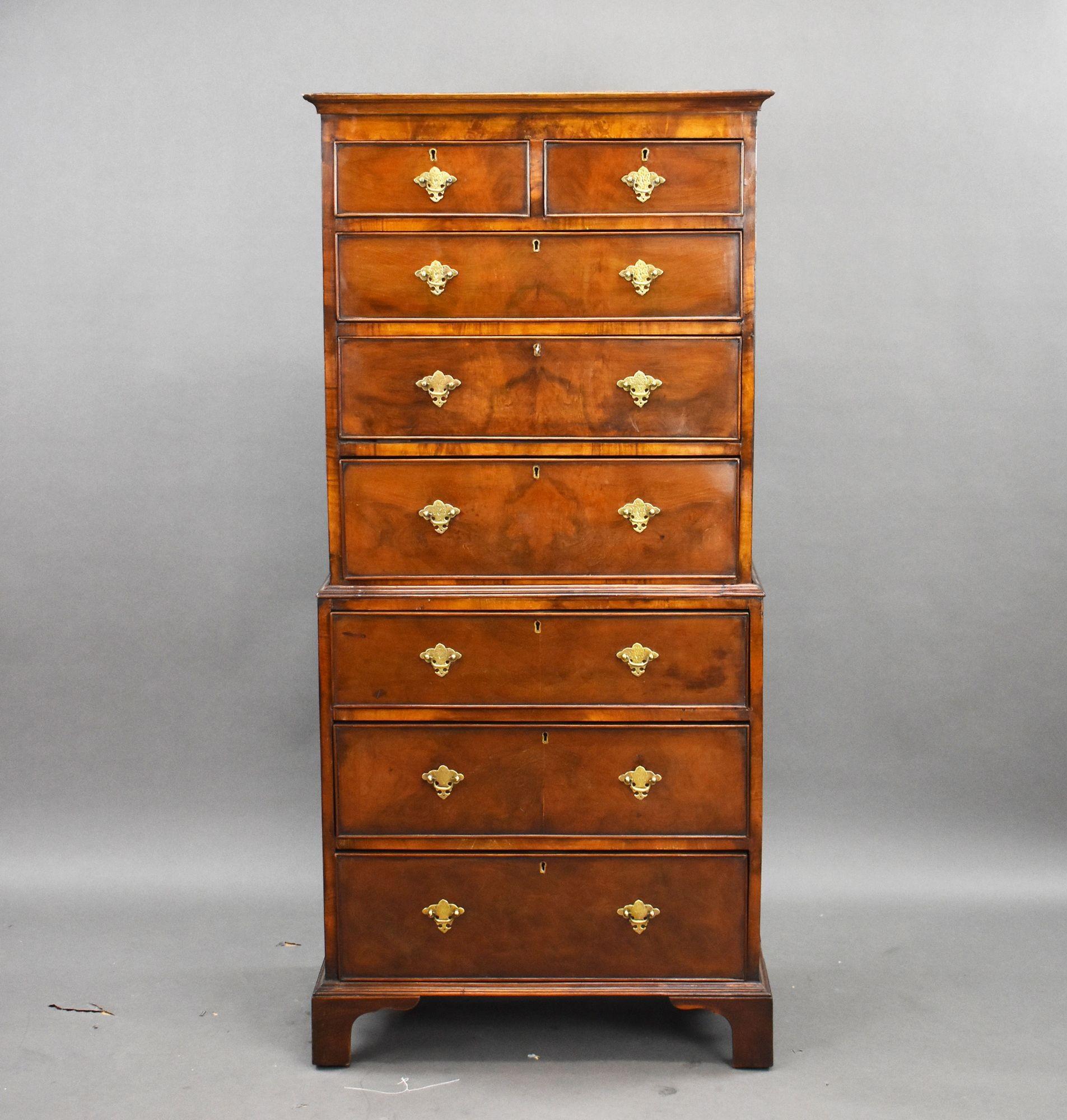 Antique Figured Walnut Chest-on-Chest, circa 1920
This elegant chest-on-chest dates to around 1920 and showcases the enduring appeal of Georgian-style furniture interpreted through early 20th-century craftsmanship. Made from richly figured walnut,