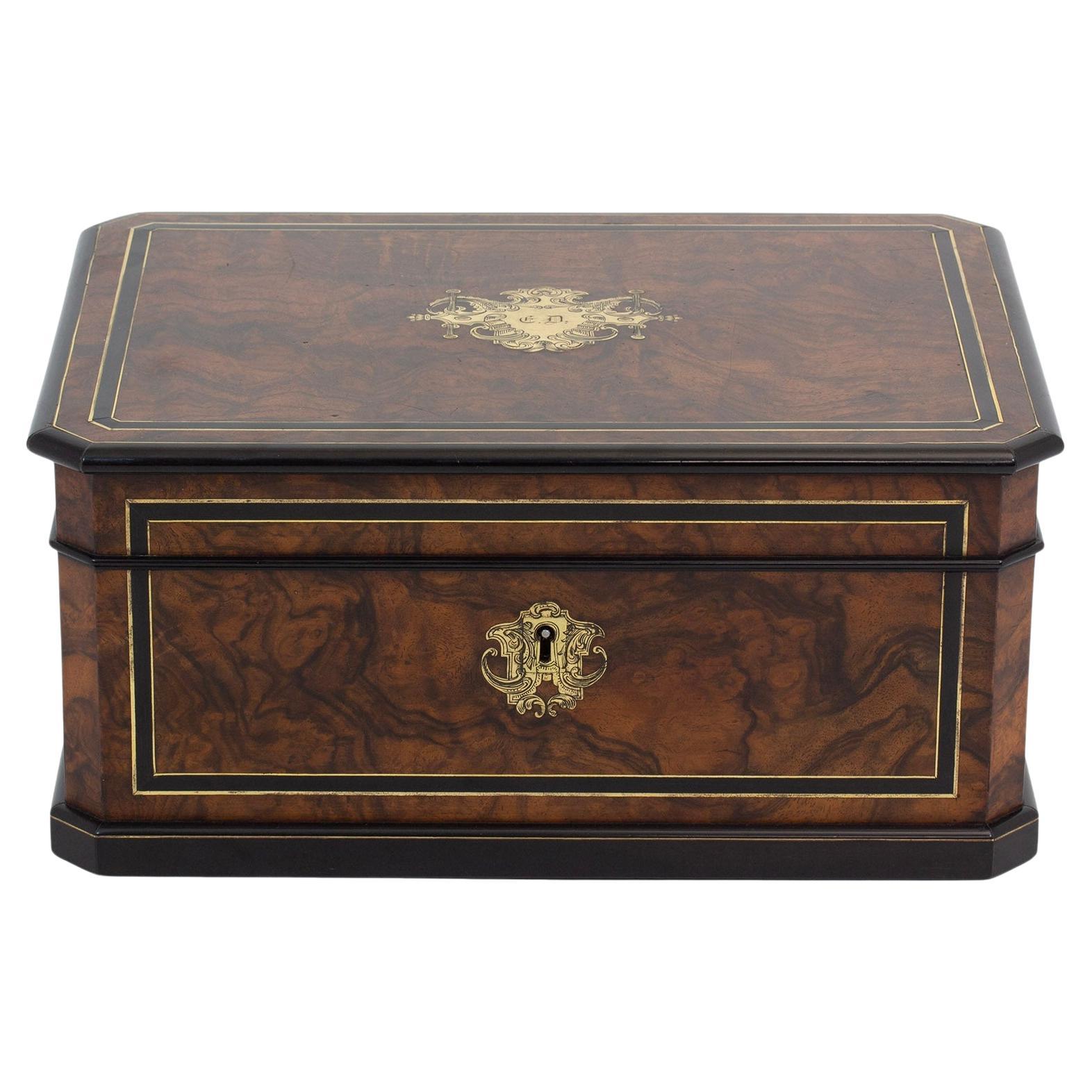 Antique Figured Walnut Complete Sewing Box Hausburg