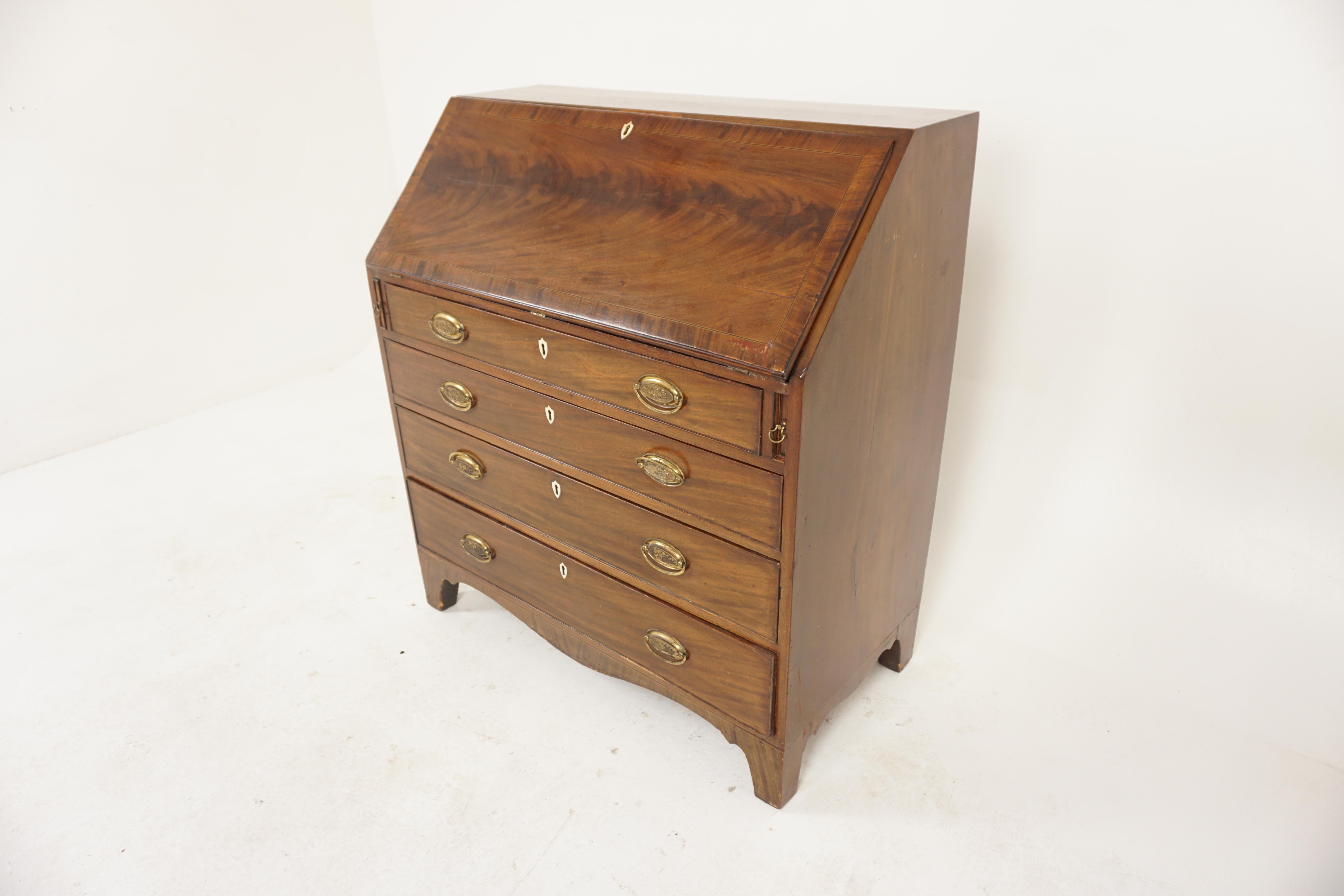 Antique Figured Walnut Inlaid Bureau Desk,  Writing Desk, Scotland 1810, H1166

Scotland 1810
Solid Walnut
Original finish
Rectangular top
Cross banded fall front
The interior of the desk has a wonderful inlaid center cupboard 
With and arcaded