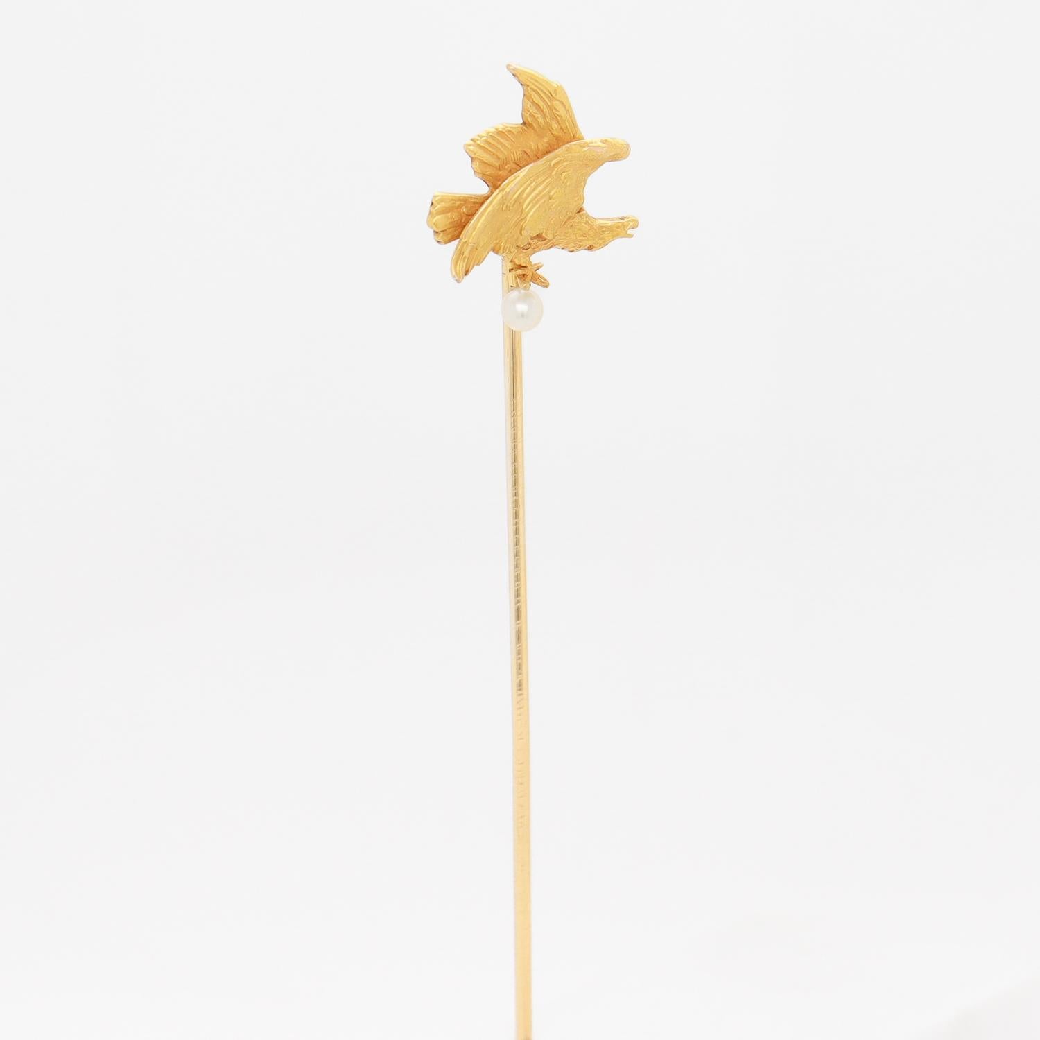Round Cut Antique Figurial 14K Gold & Seed Pearl American Bald Eagle Stickpin For Sale