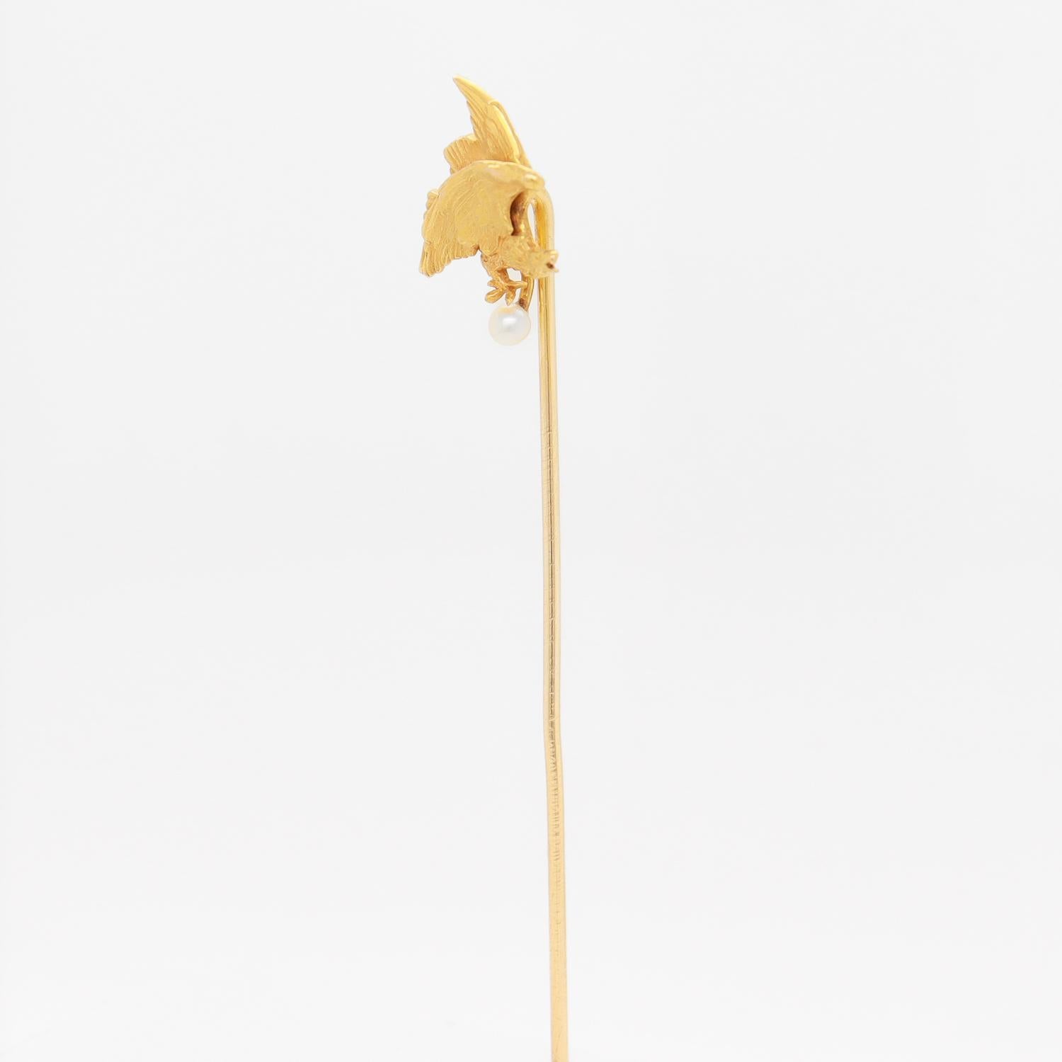 Women's or Men's Antique Figurial 14K Gold & Seed Pearl American Bald Eagle Stickpin For Sale