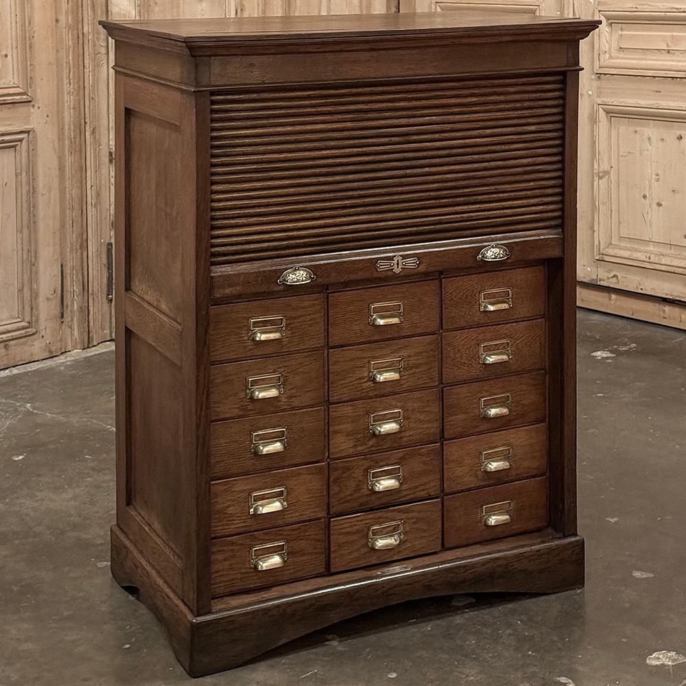 Hand-Crafted Antique File Card Cabinet with Tambour Door For Sale