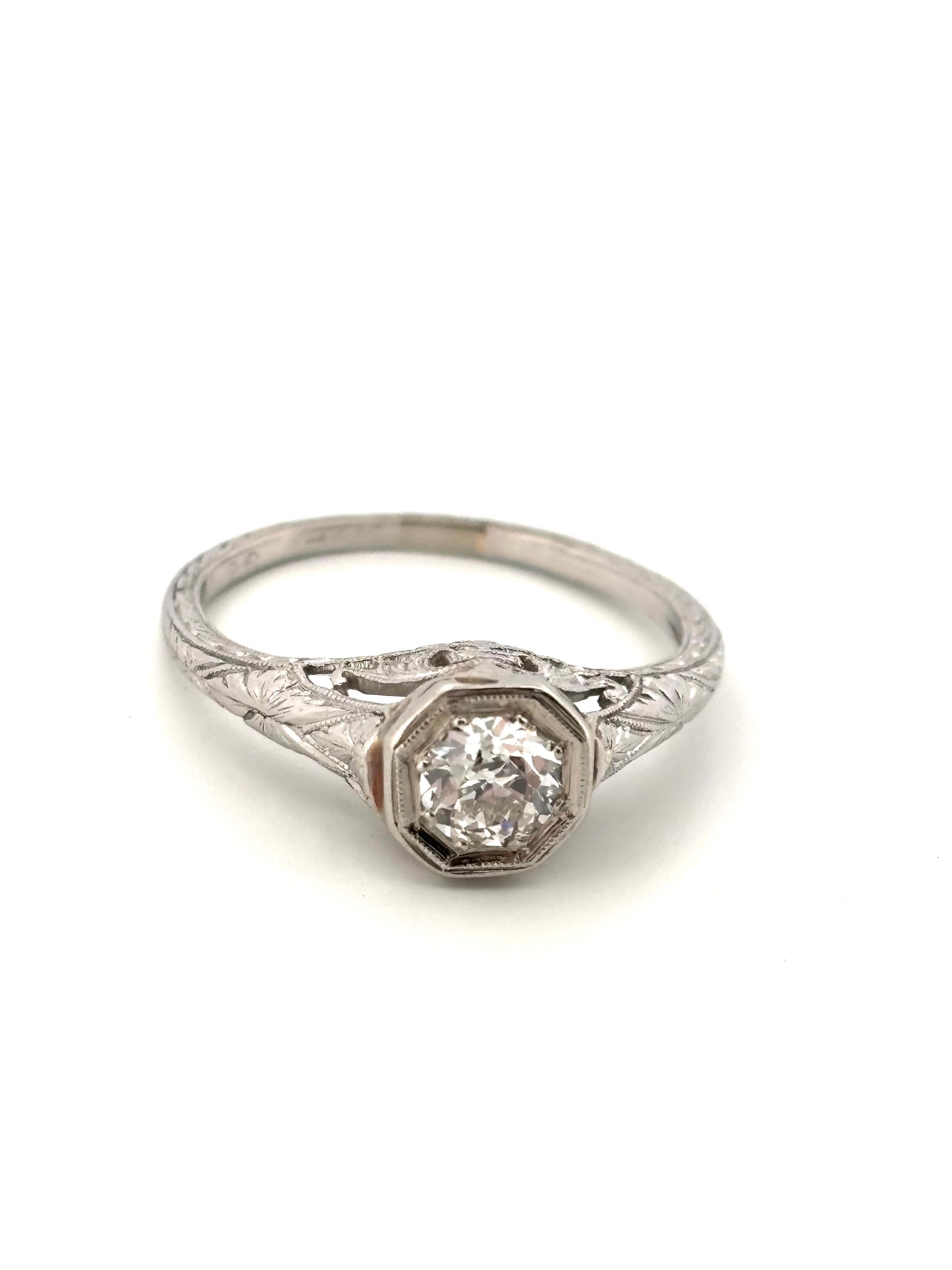 Antiker filigraner 0,40CT J SI1 Alter europäischer Schliff Runder natürlicher Diamantring im Zustand „Gut“ im Angebot in Sewickley, PA