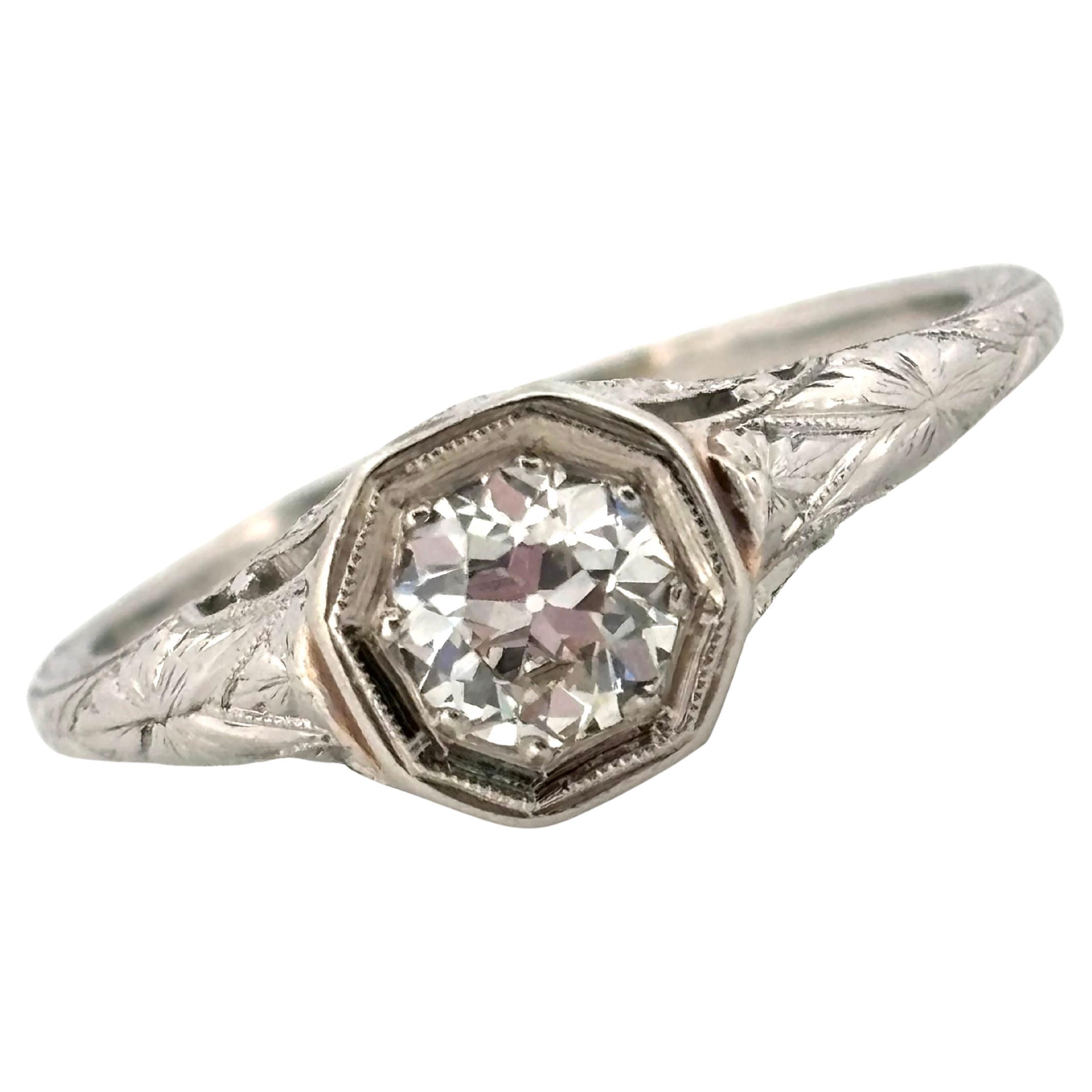 Antiker filigraner 0,40CT J SI1 Alter europäischer Schliff Runder natürlicher Diamantring im Angebot