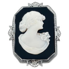 Antike filigrane 14K Weißgold große schwarze Onyx Dame Cameo Brosche