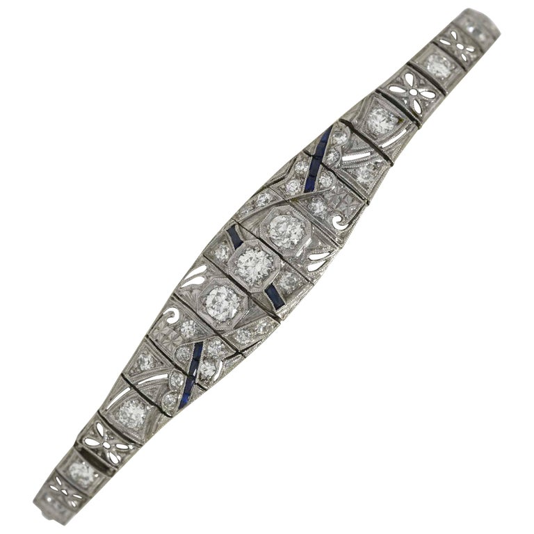 Antique Filigree 3 Carat Diamond Sapphire Link Bracelet Art Deco