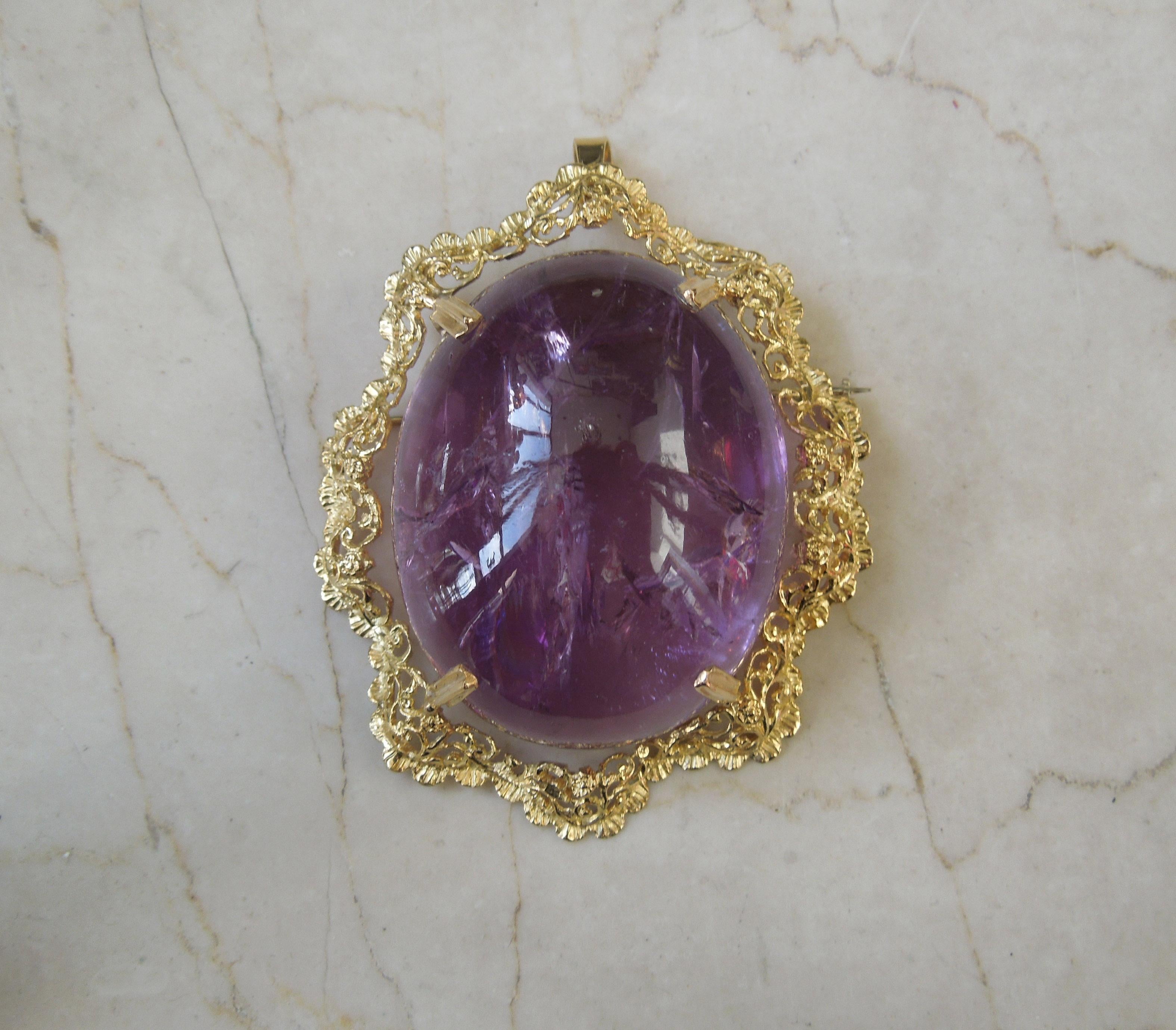 Cabochon Antique Filigree Amethyst Brooch / Pendant For Sale