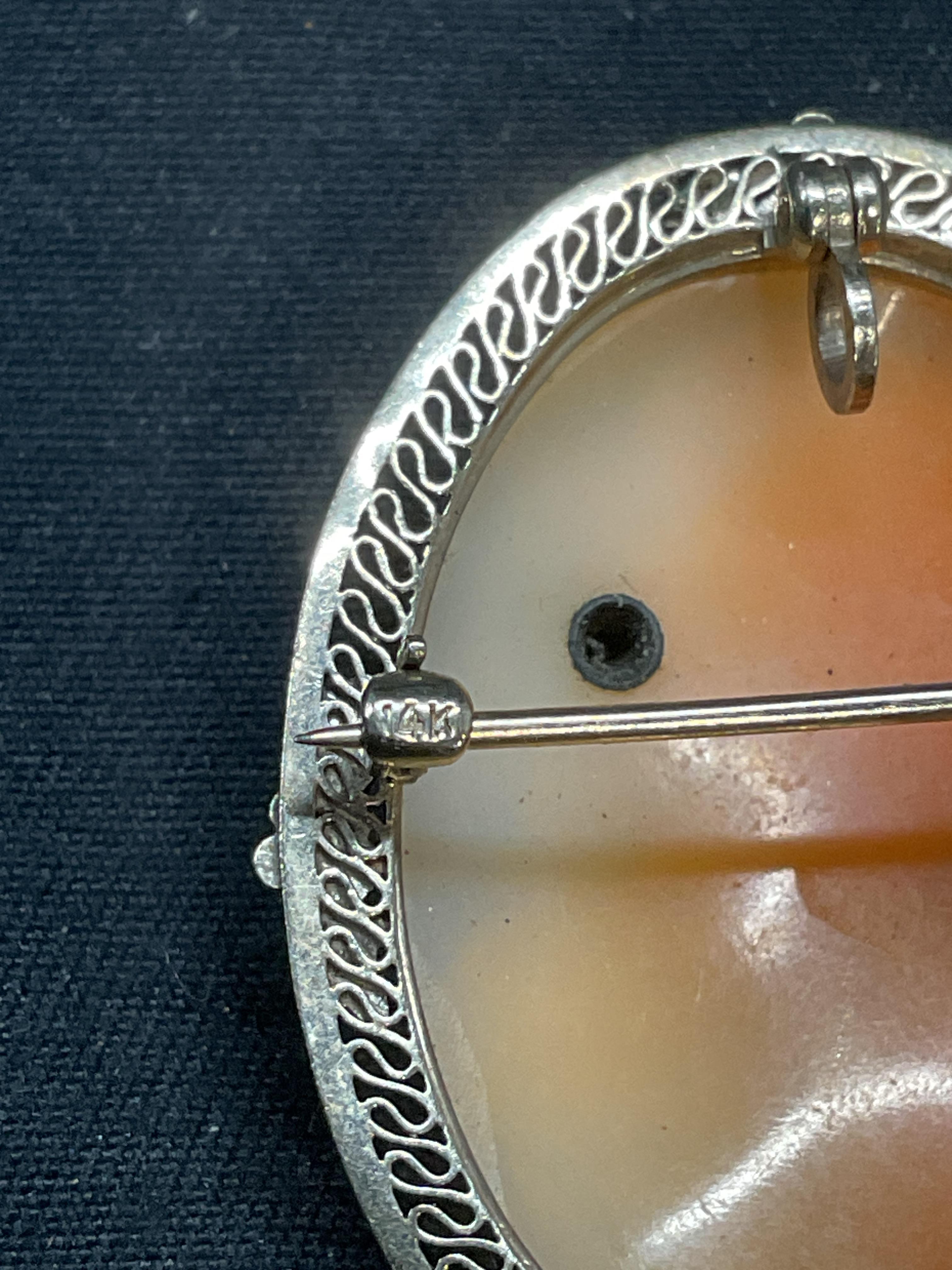 Old European Cut Antique Filigree Carved Shell Cameo 14K White Gold  Brooch Pendant with Diamond For Sale