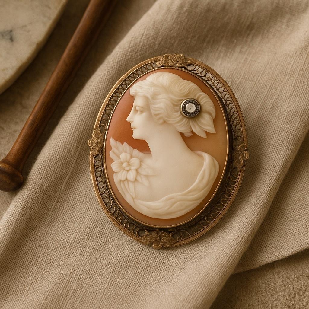Art Deco Antique Filigree Carved Shell Cameo 14K White Gold  Brooch Pendant with Diamond For Sale