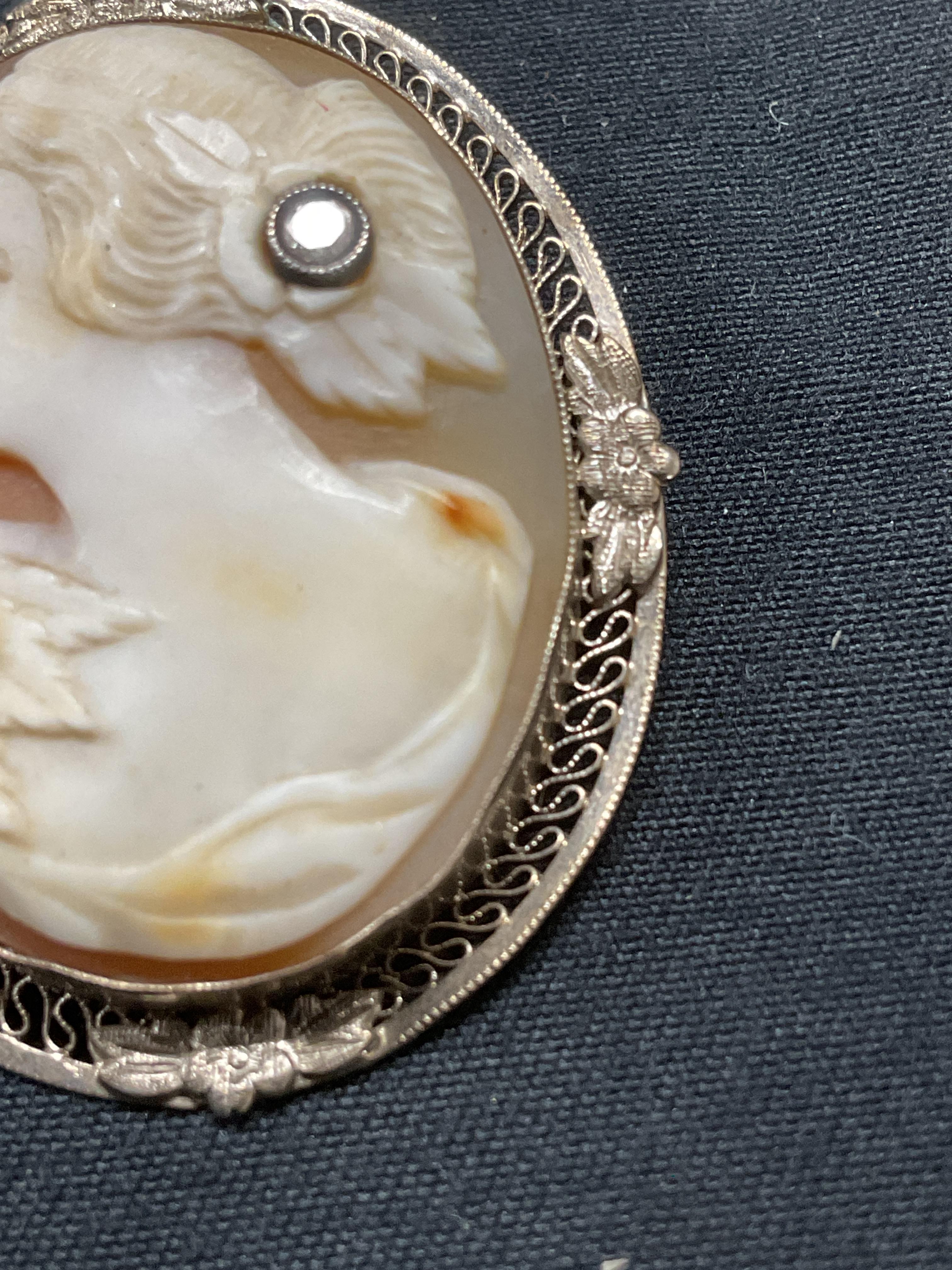 Women's Antique Filigree Carved Shell Cameo 14K White Gold  Brooch Pendant with Diamond For Sale