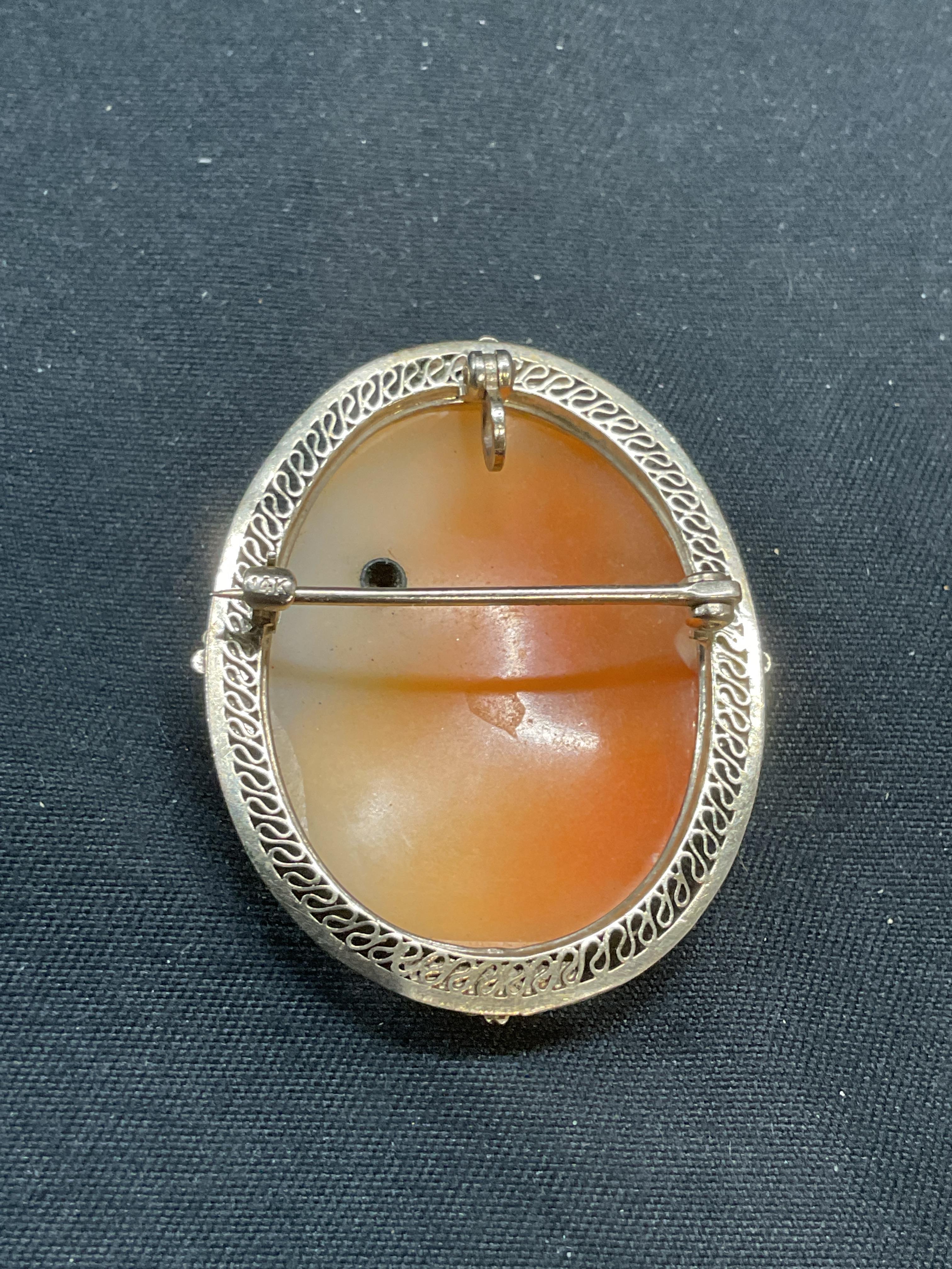 Antique Filigree Carved Shell Cameo 14K White Gold  Brooch Pendant with Diamond For Sale 1