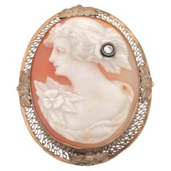 Antique Filigree Carved Shell Cameo 14K White Gold  Brooch Pendant with Diamond