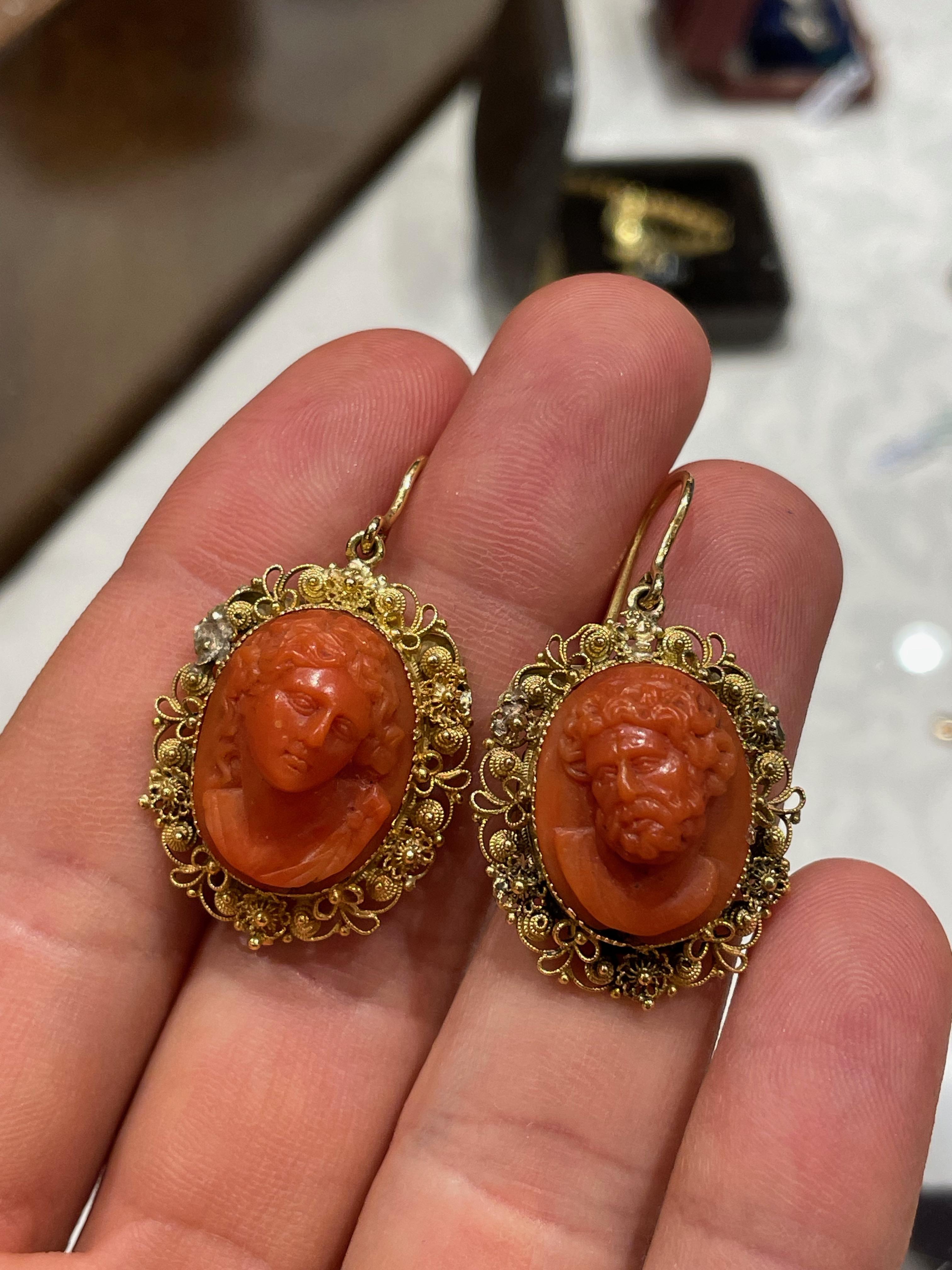 Oval Cut Antique Filigree Coral Cameo Earrings  For Sale