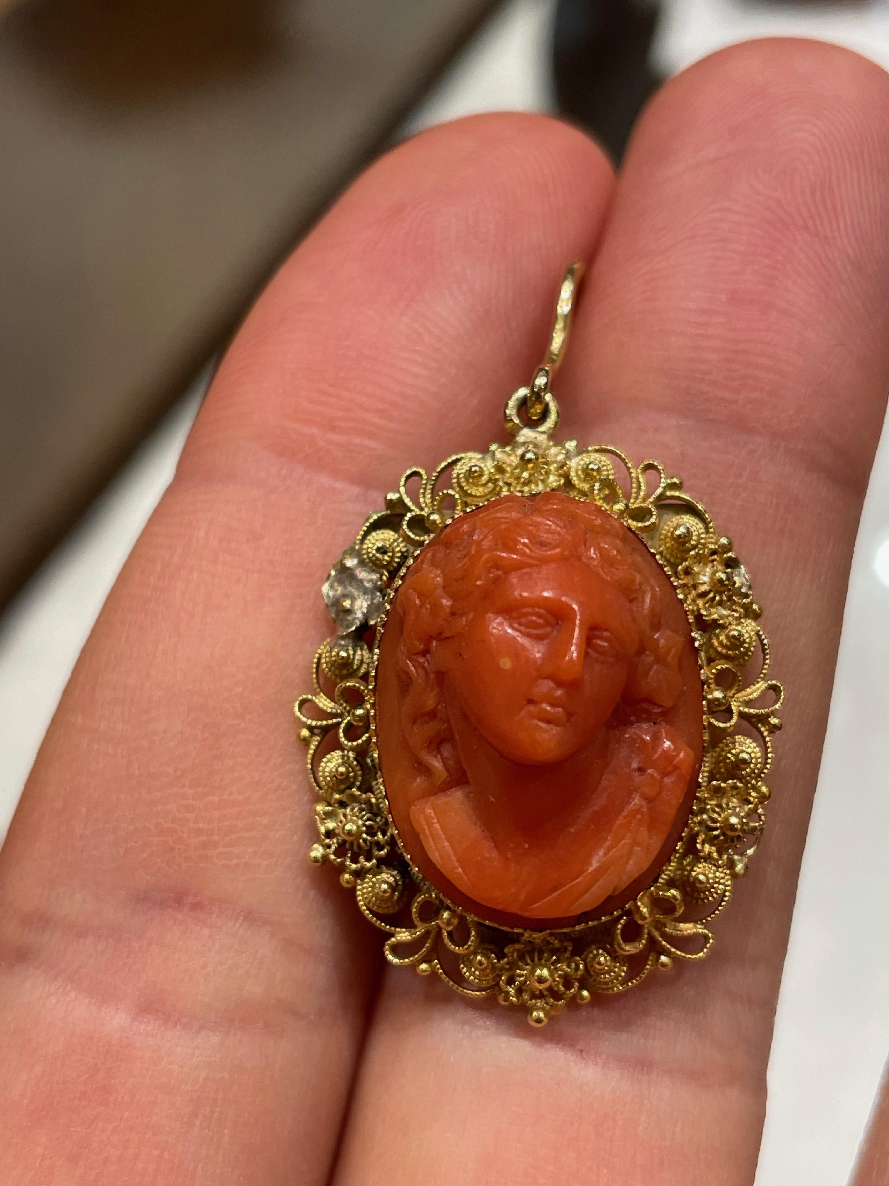 Antique Filigree Coral Cameo Earrings  In Good Condition For Sale In Milano, MI