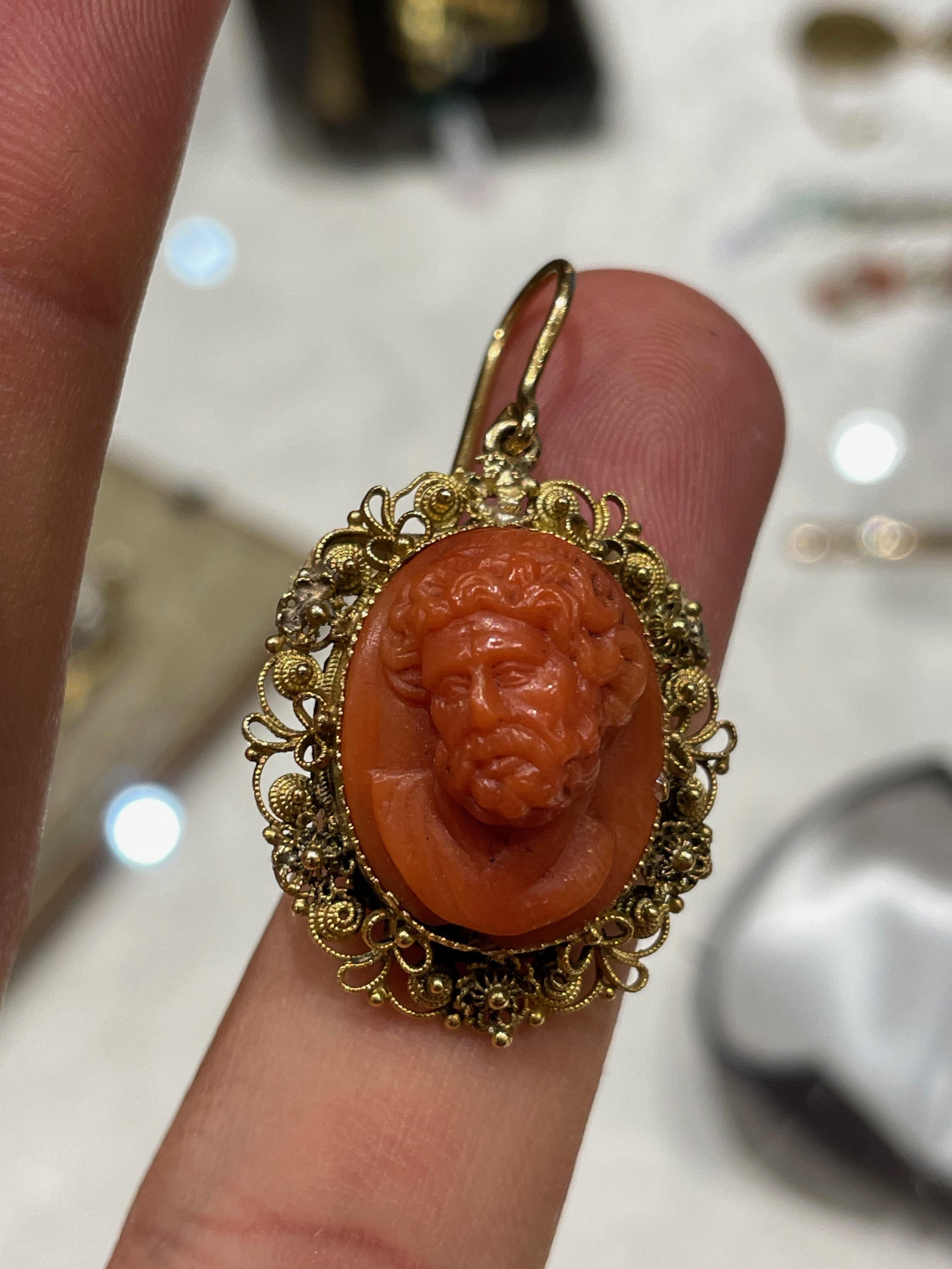 Women's Antique Filigree Coral Cameo Earrings  For Sale