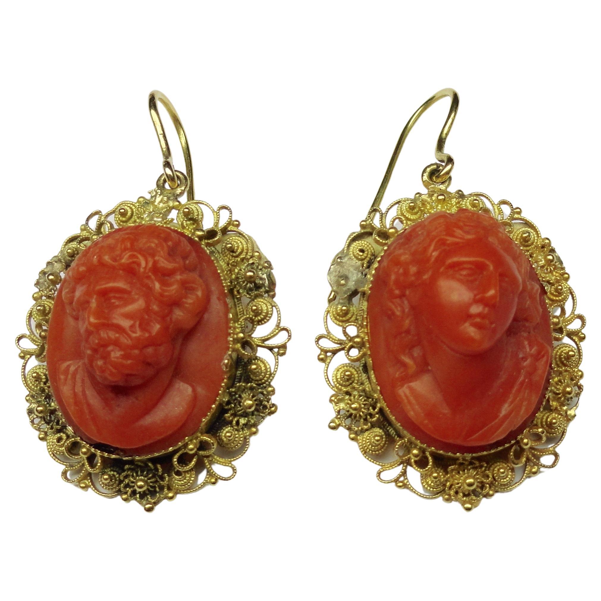 Antique Filigree Coral Cameo Earrings  For Sale