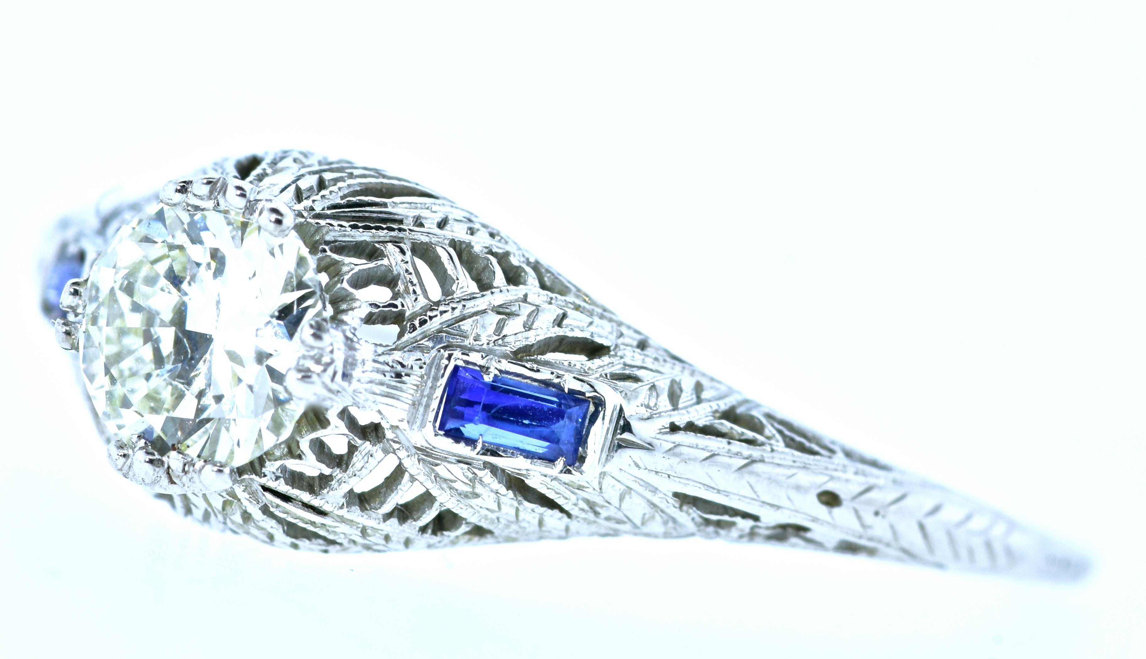 Art Deco Antique Filigree Diamond and Sapphire Ring, circa 1920