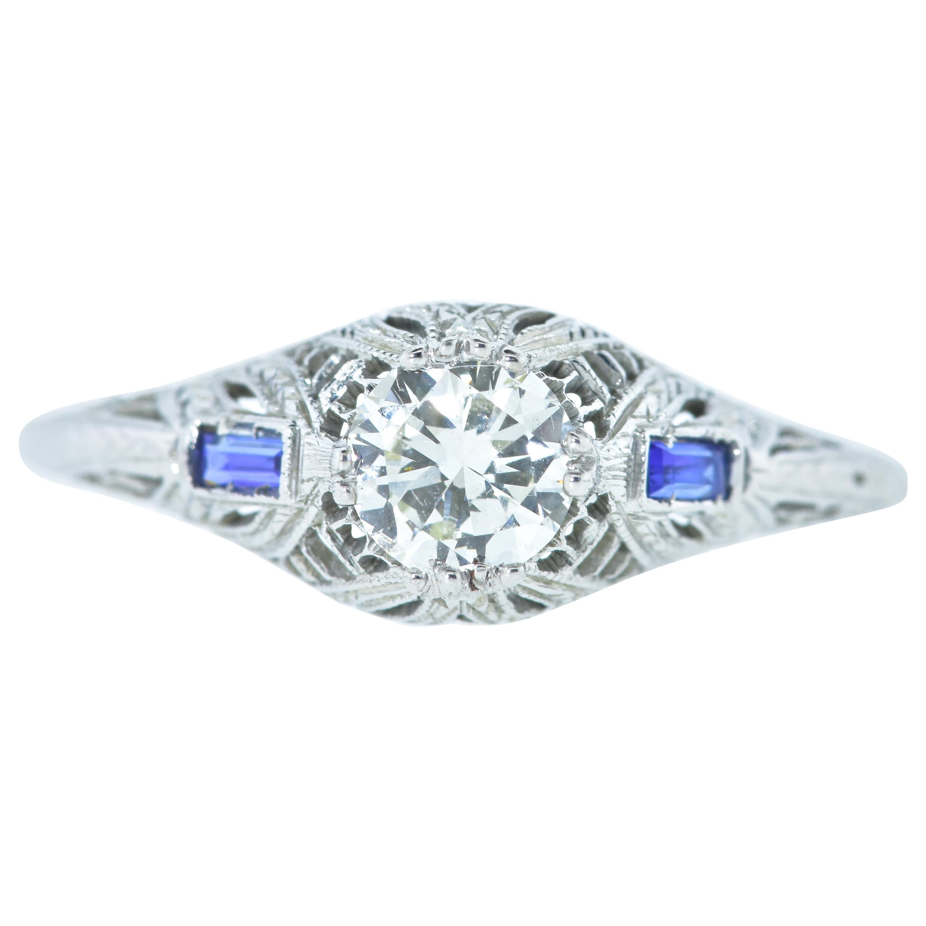 Antique Filigree Diamond and Sapphire Ring, circa 1920
