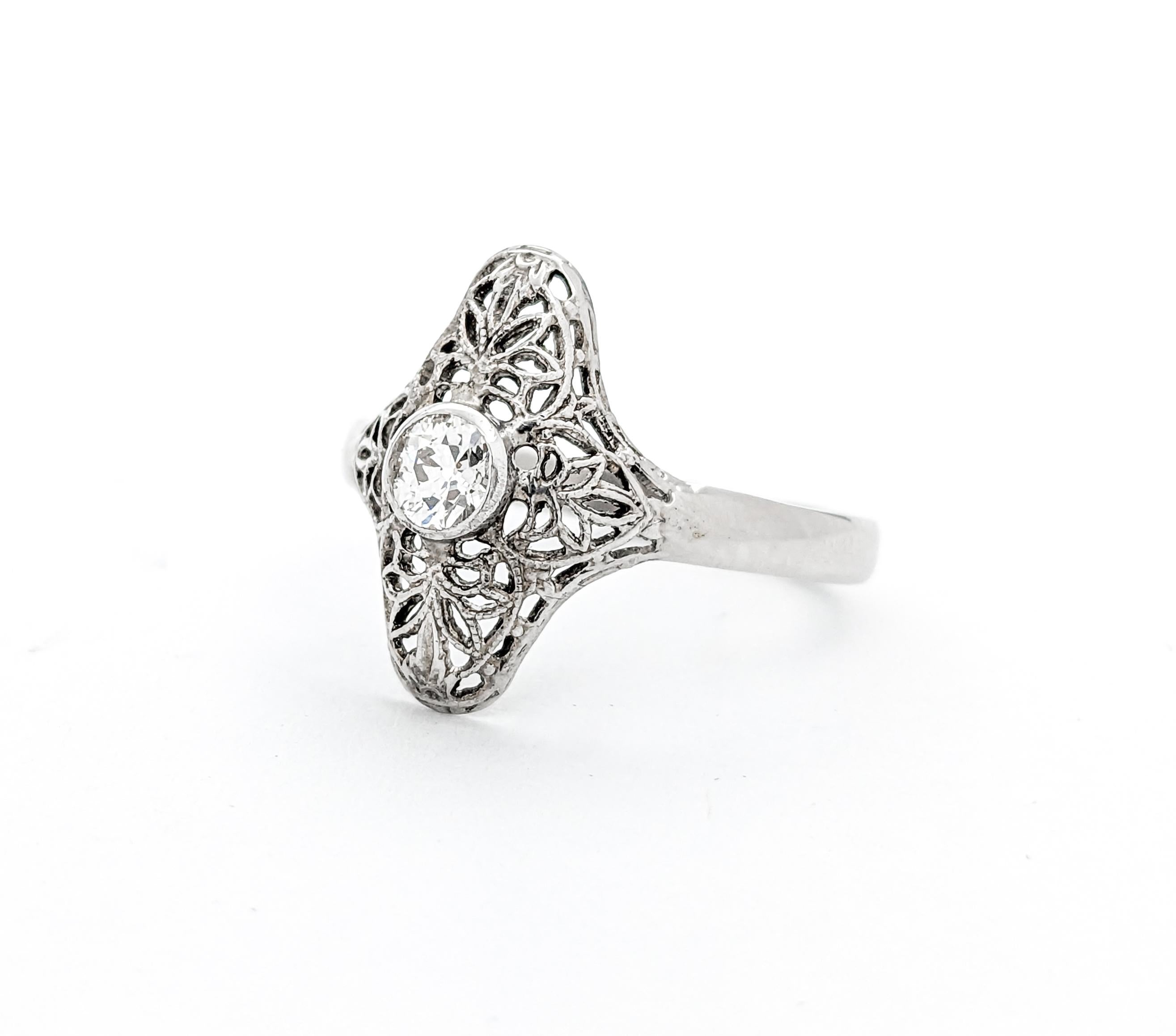 Old European Cut Antique Filigree Diamond Ring Art Deco Style Ring In White Gold For Sale