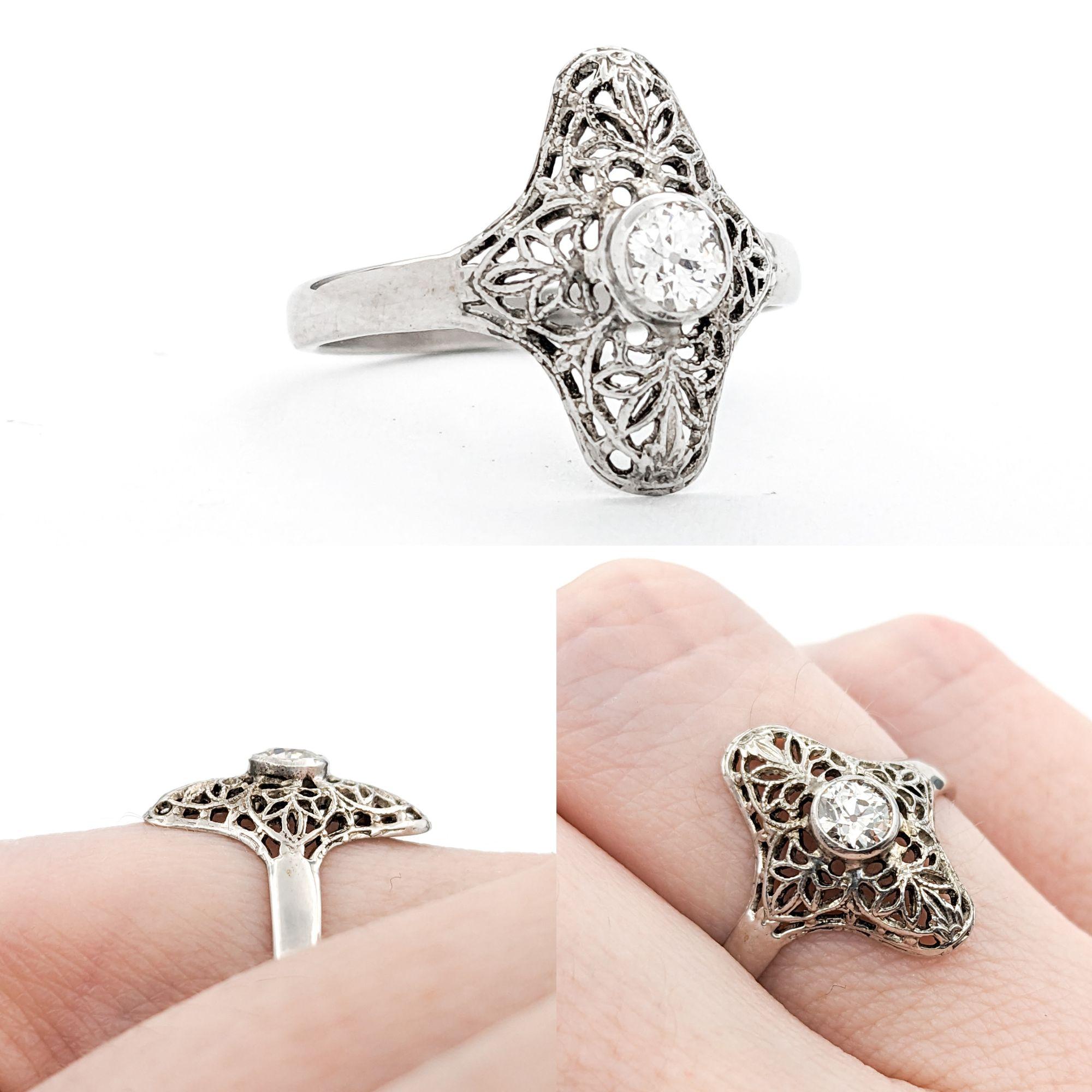 Antique Filigree Diamond Ring Art Deco Style Ring In White Gold For Sale 1
