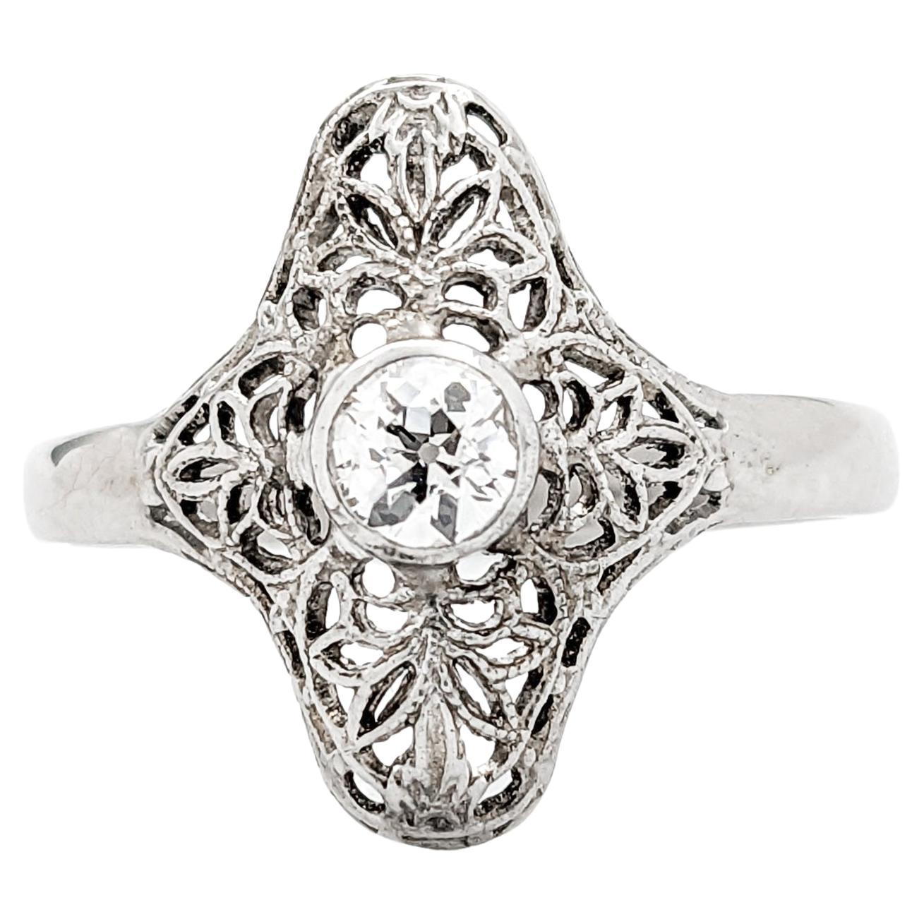 Antique Filigree Diamond Ring Art Deco Style Ring In White Gold For Sale