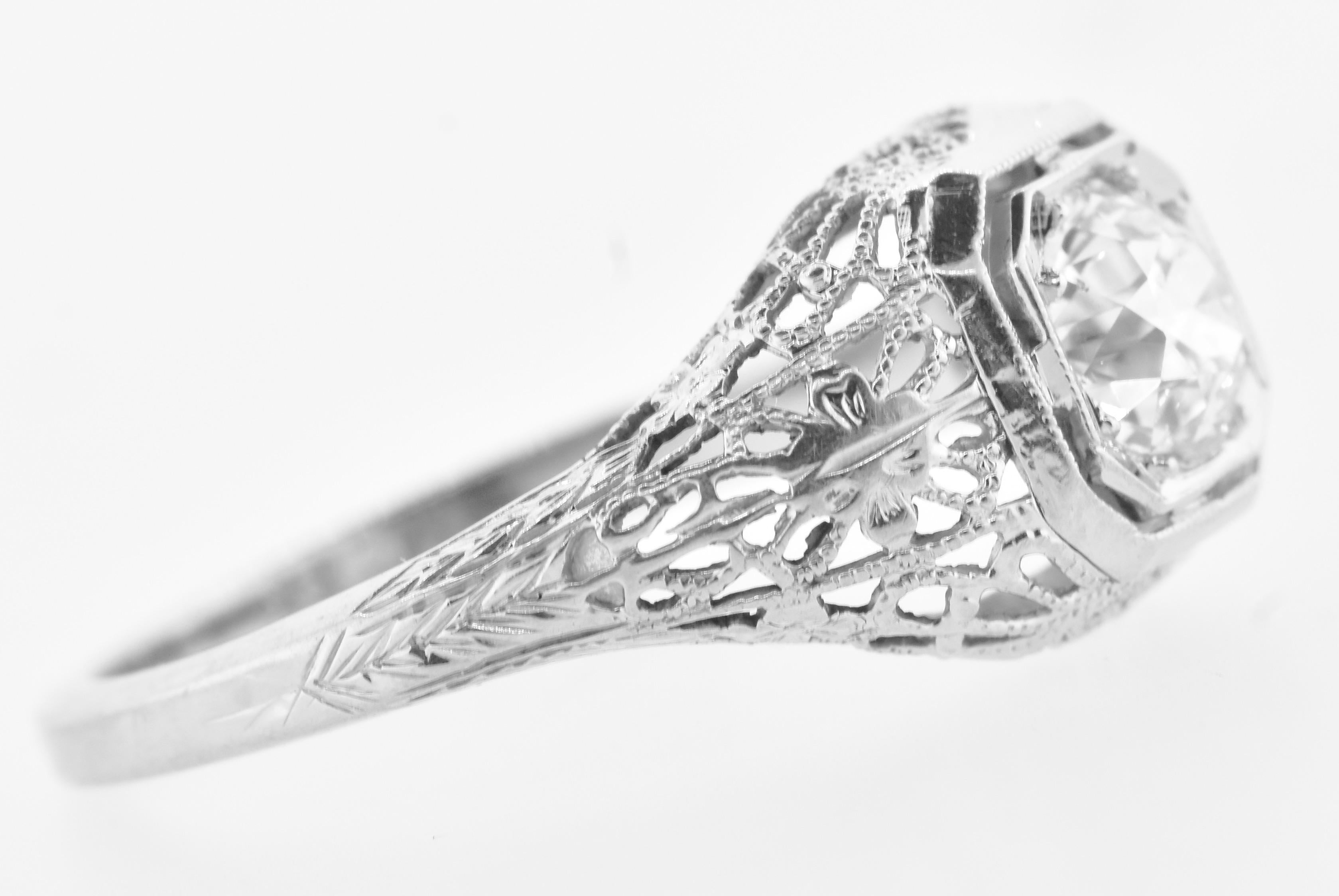 Old European Cut Antique Filigree Fine .65 Ct. Diamond and 18K White Gold Ring, American, c. 1920 For Sale