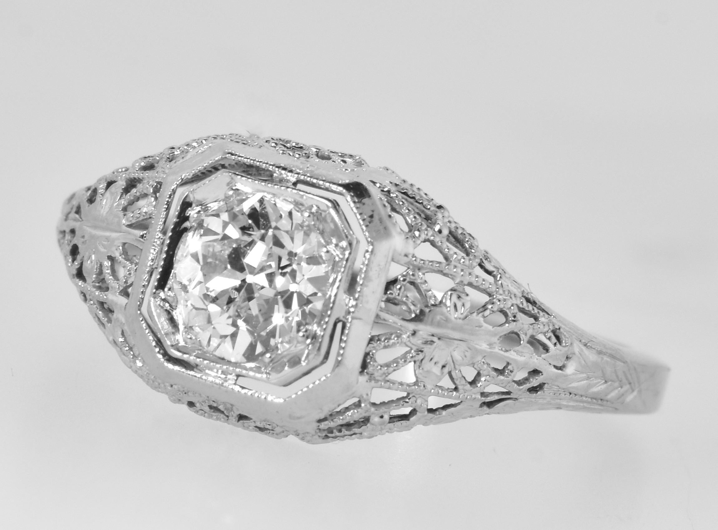 Art Deco Antique Filigree Fine .65 Ct. Diamond and 18K White Gold Ring, American, c. 1920 For Sale
