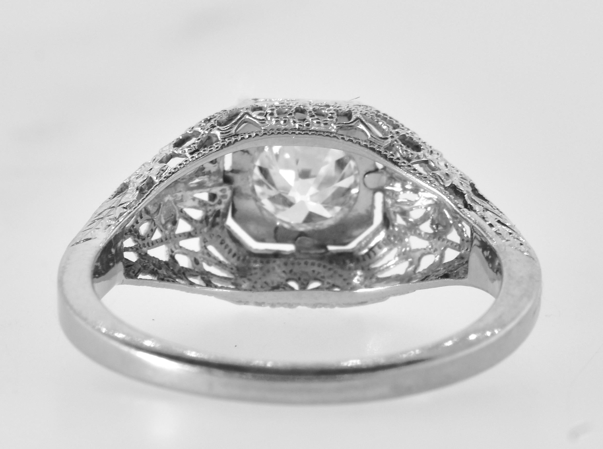 Women's or Men's Antique Filigree Fine .65 Ct. Diamond and 18K White Gold Ring, American, c. 1920 For Sale