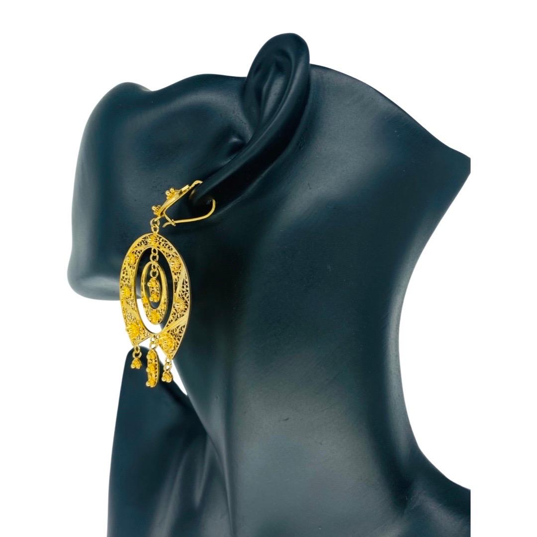 Women's Antique Filigree Horseshoe Floral Motif XL Size Dangling Earrings 18k Gold For Sale
