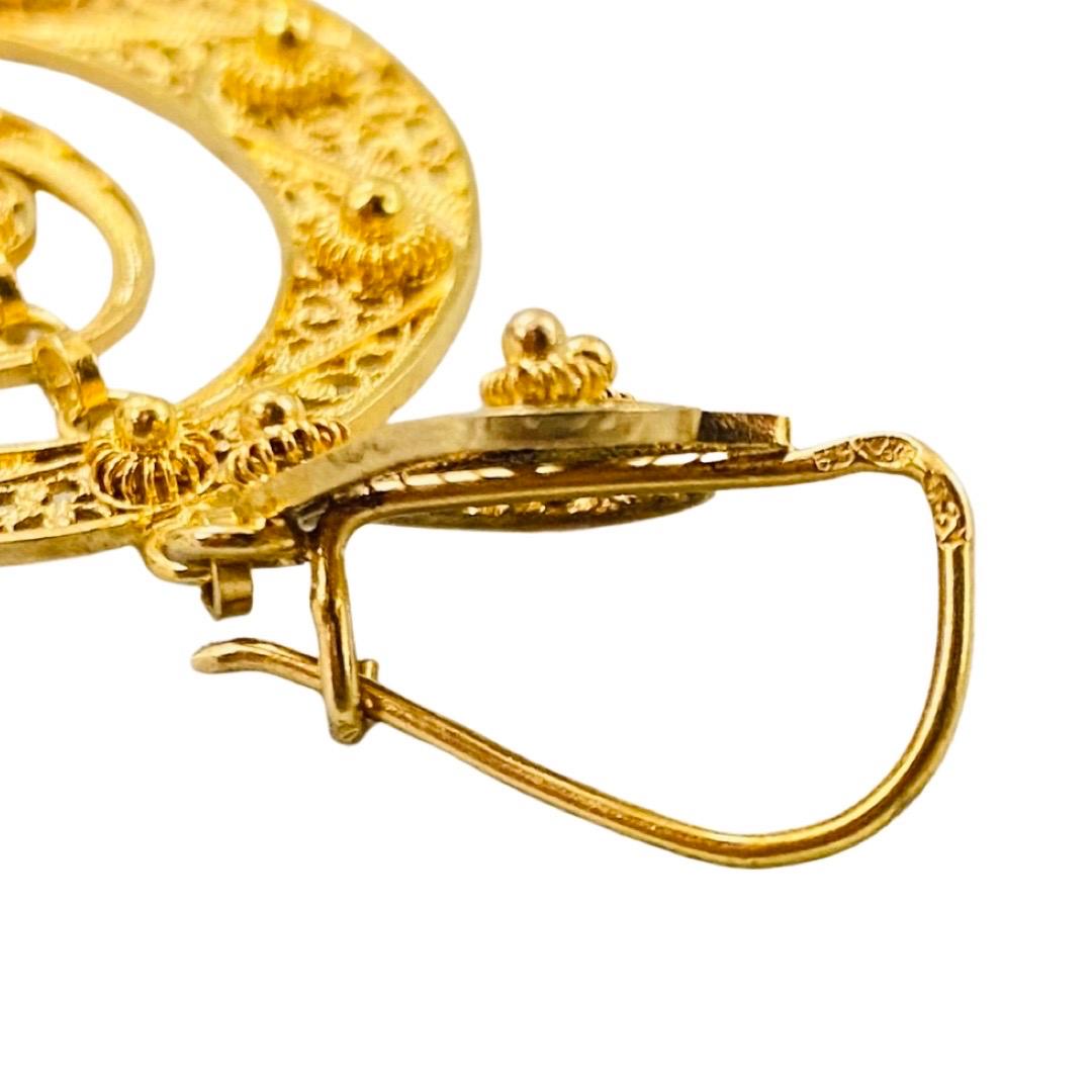 Antique Filigree Horseshoe Floral Motif XL Size Dangling Earrings 18k Gold For Sale 1