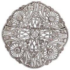 Antique Filigree Platinum Round Old Mine and Rose Cut Diamond Brooch