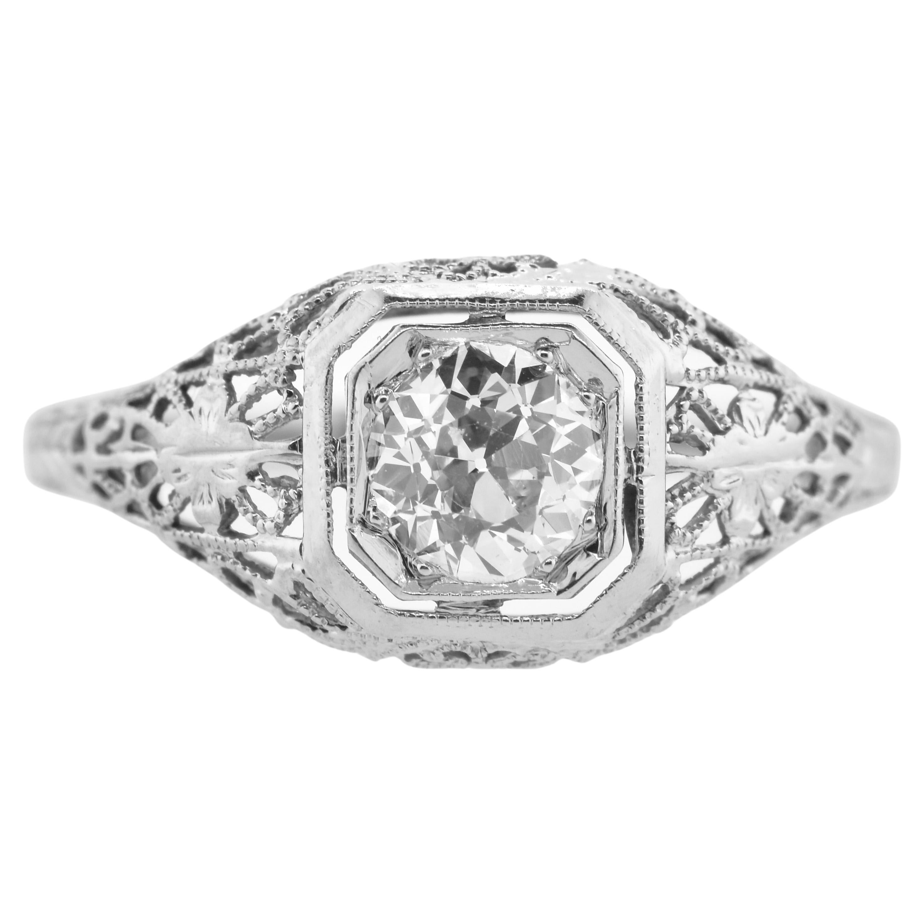 Antique Filigree Ring Fine .65 Ct. Diamond and 18K White Gold, American, c. 1920 For Sale