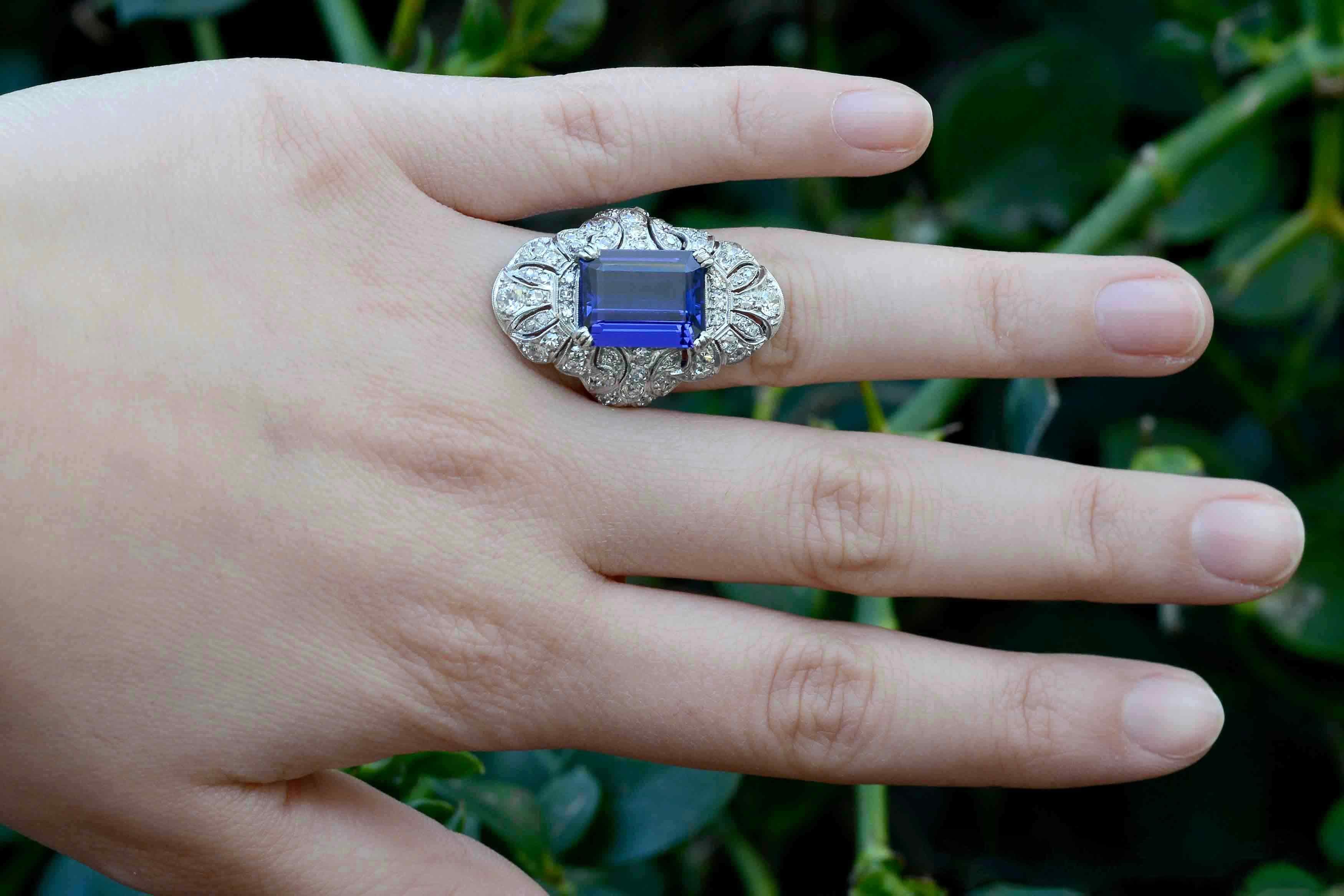 The Aptos Cocktail Ring. When I found this glorious antique platinum setting, I knew I had the perfect gemstone waiting for it. Imagine my surprise when the huge (7.36 Ct) Emerald Cut Tanzanite I'd been hoarding for 5 years fit right into the long