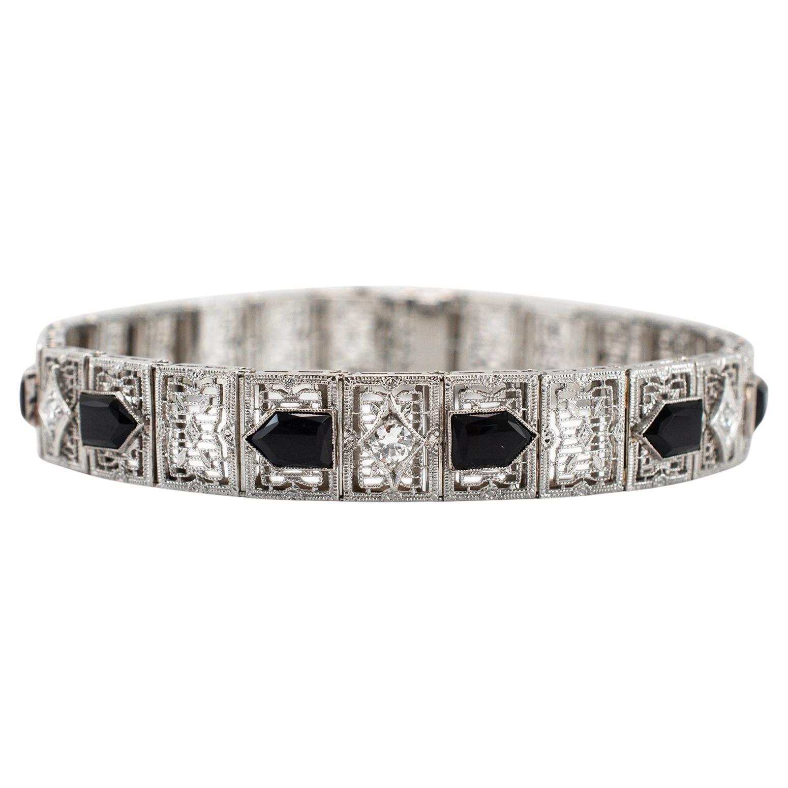 Antique Filigreed 14K White Gold & Platinum Onyx Diamond Link Bracelet
