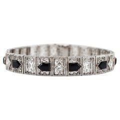 Antique Filigreed 14K White Gold & Platinum Onyx Diamond Link Bracelet