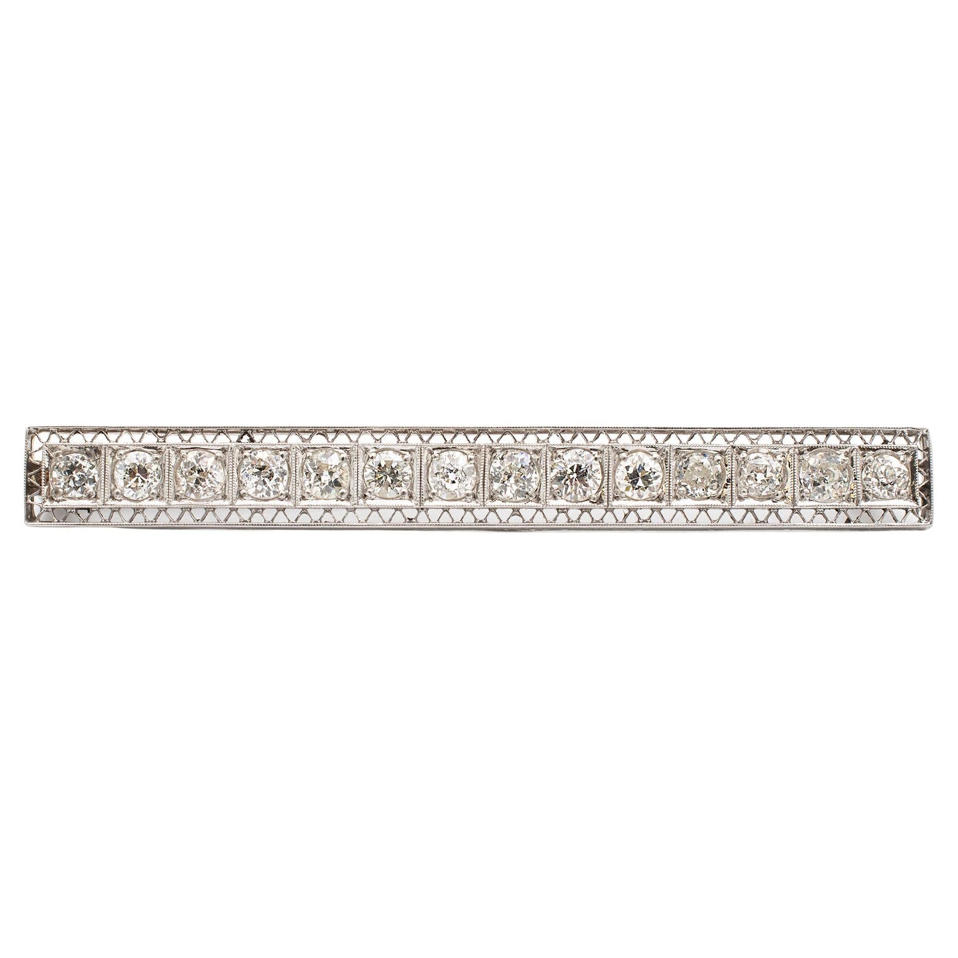 Antique Filigreed Art Deco Platinum & 14K White Gold Diamond Bar Brooch For Sale