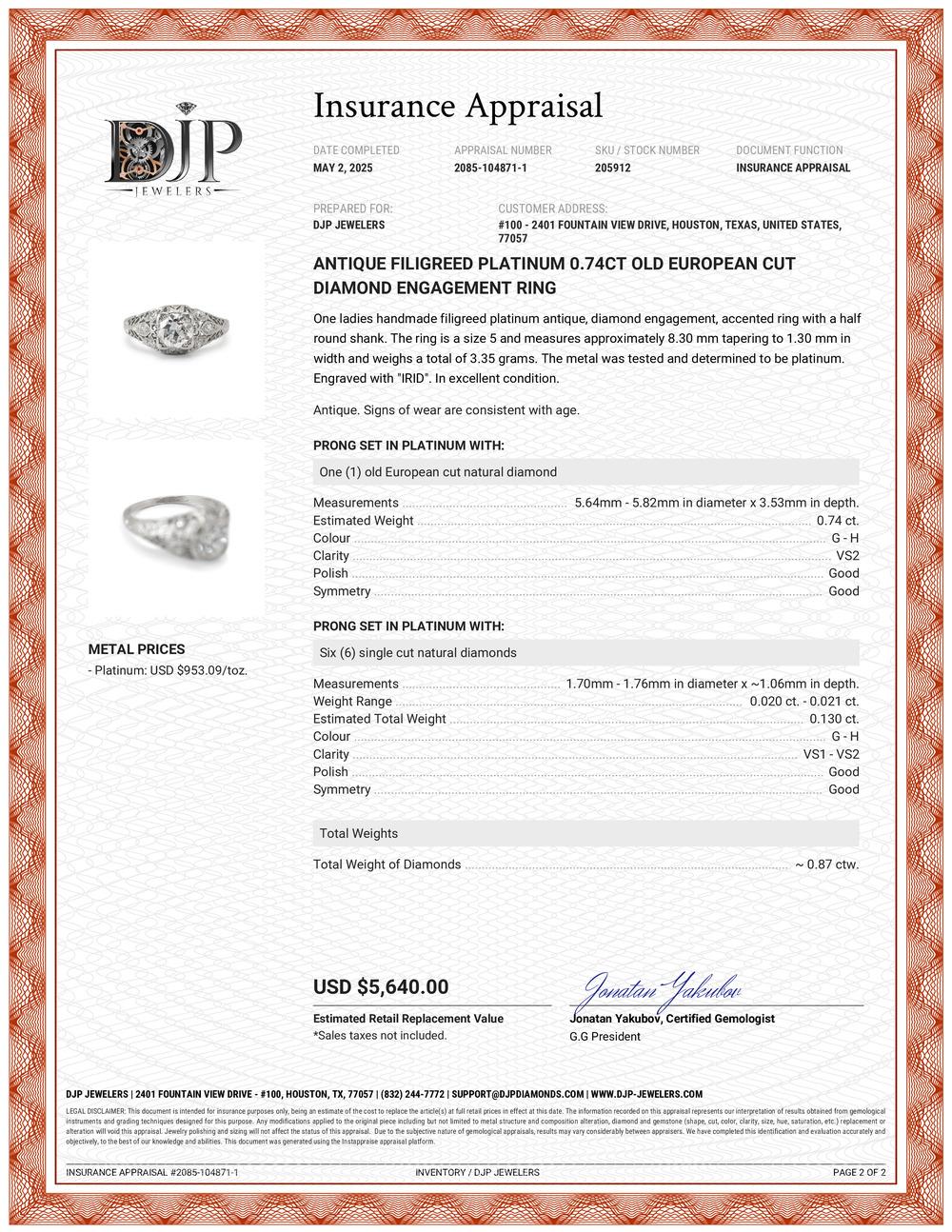 Bague de fiançailles ancienne en platine filigranée avec diamant taille vieille Europe de 0,74 carat en vente 3