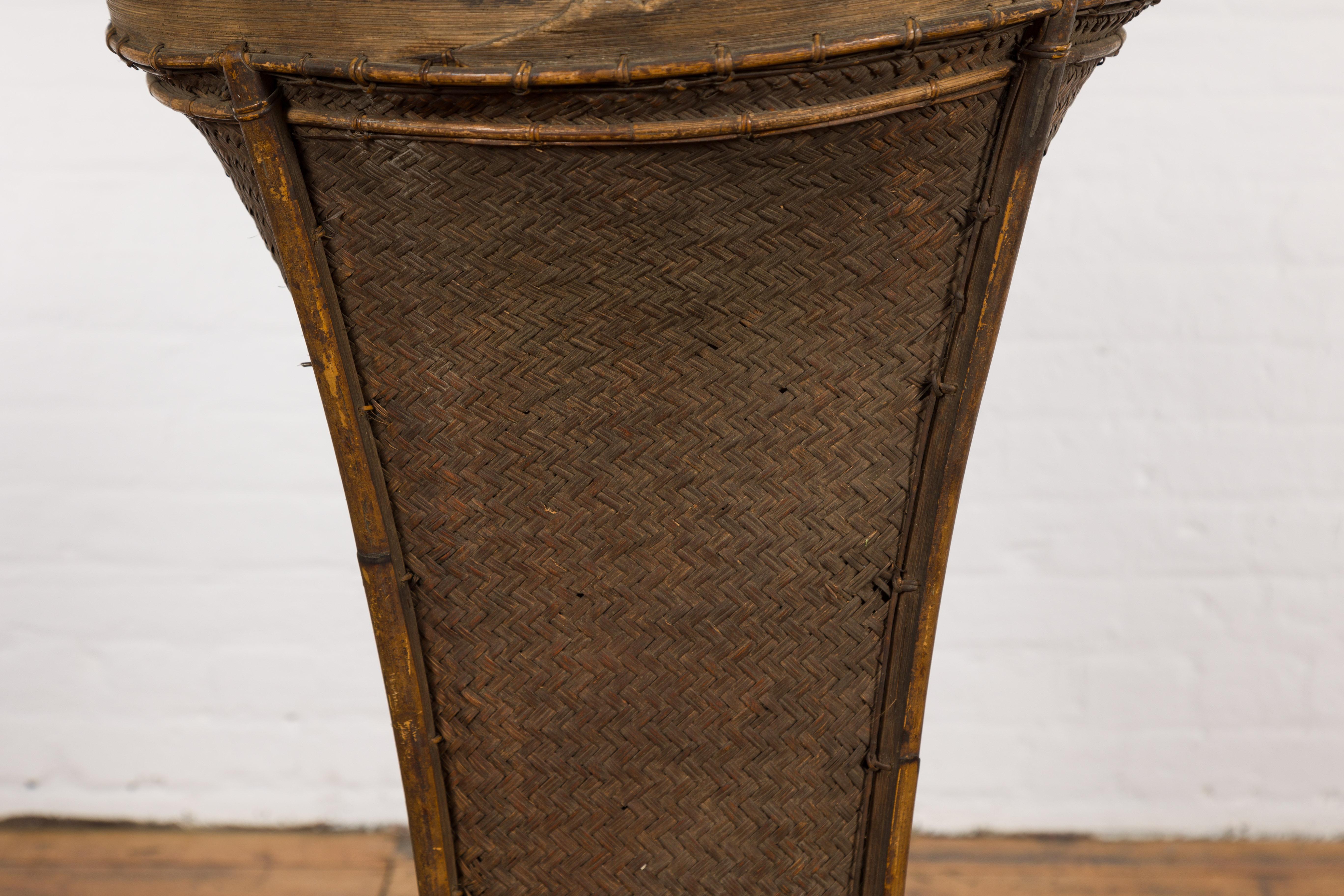 Tall Hand-Woven Antique Rattan Basket In Good Condition In Yonkers, NY