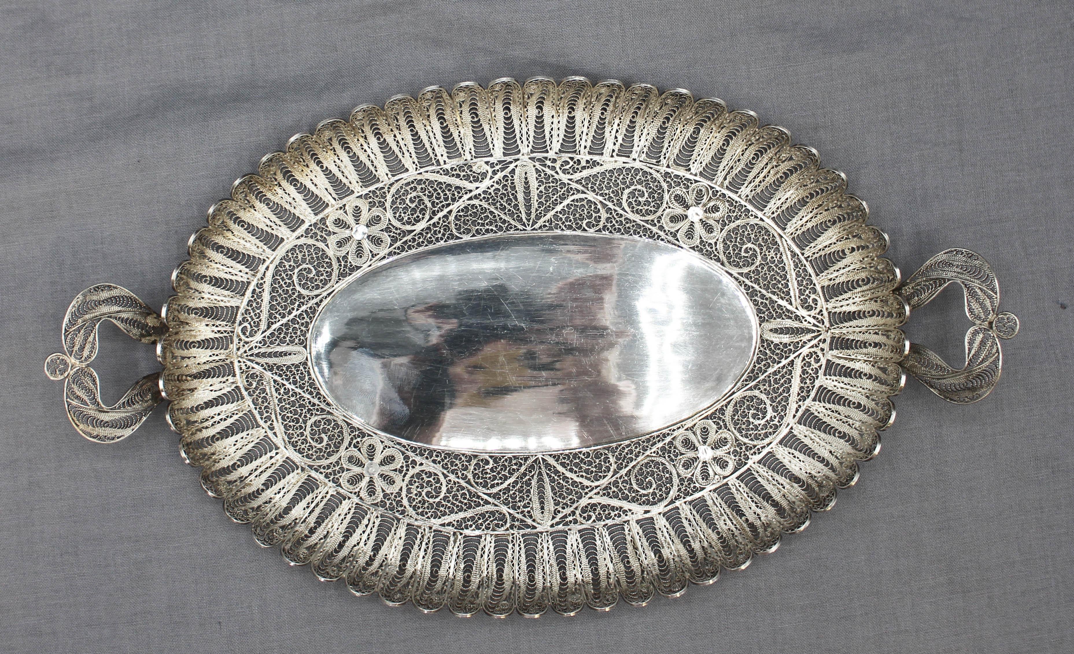 Antike Filipino Silber filigrane Karte Tablett mit Griffen im Angebot 1