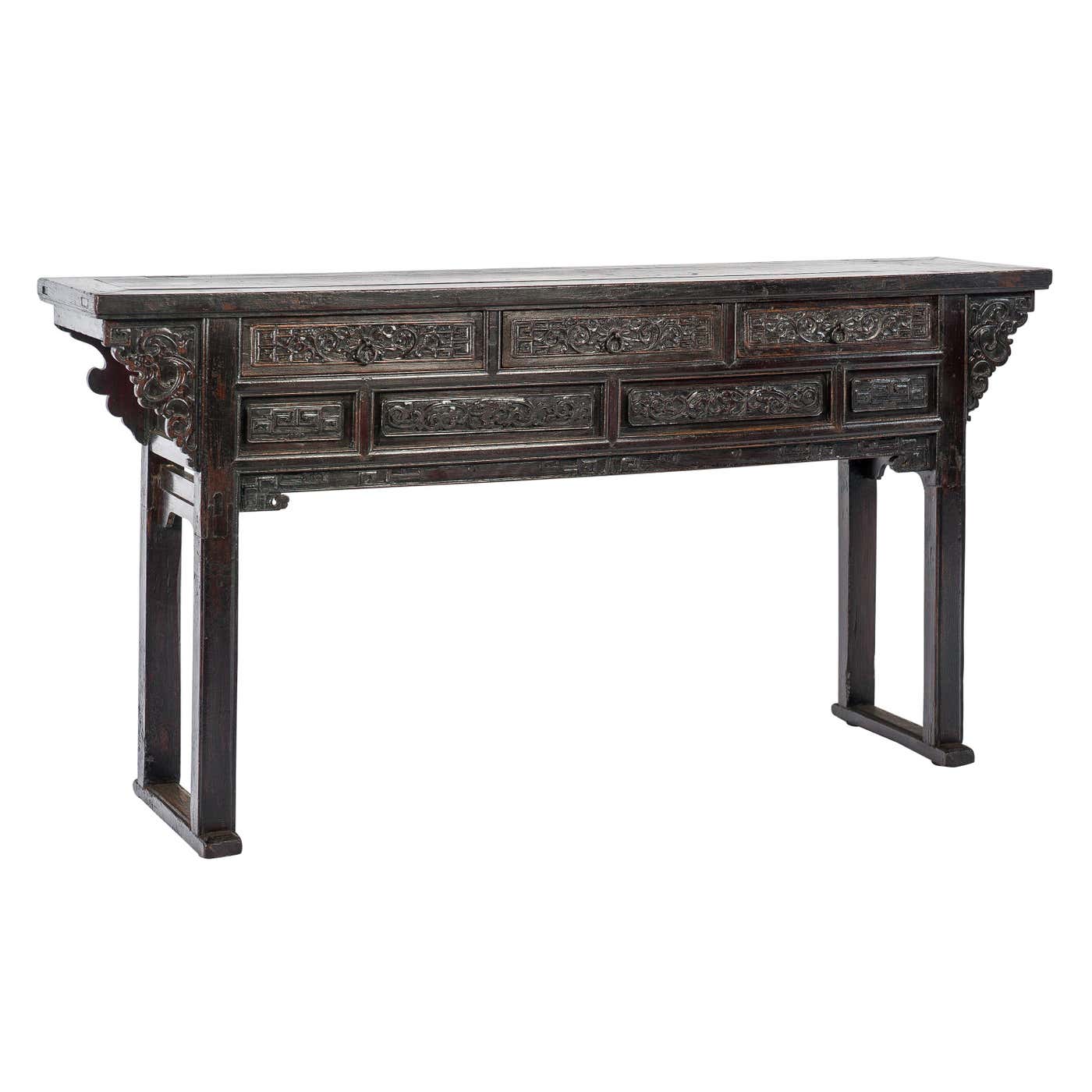 Hong Mu Table Antique Fine Carved Chinese Hong Mu or Mahogany three Drawer Qing Altar ...