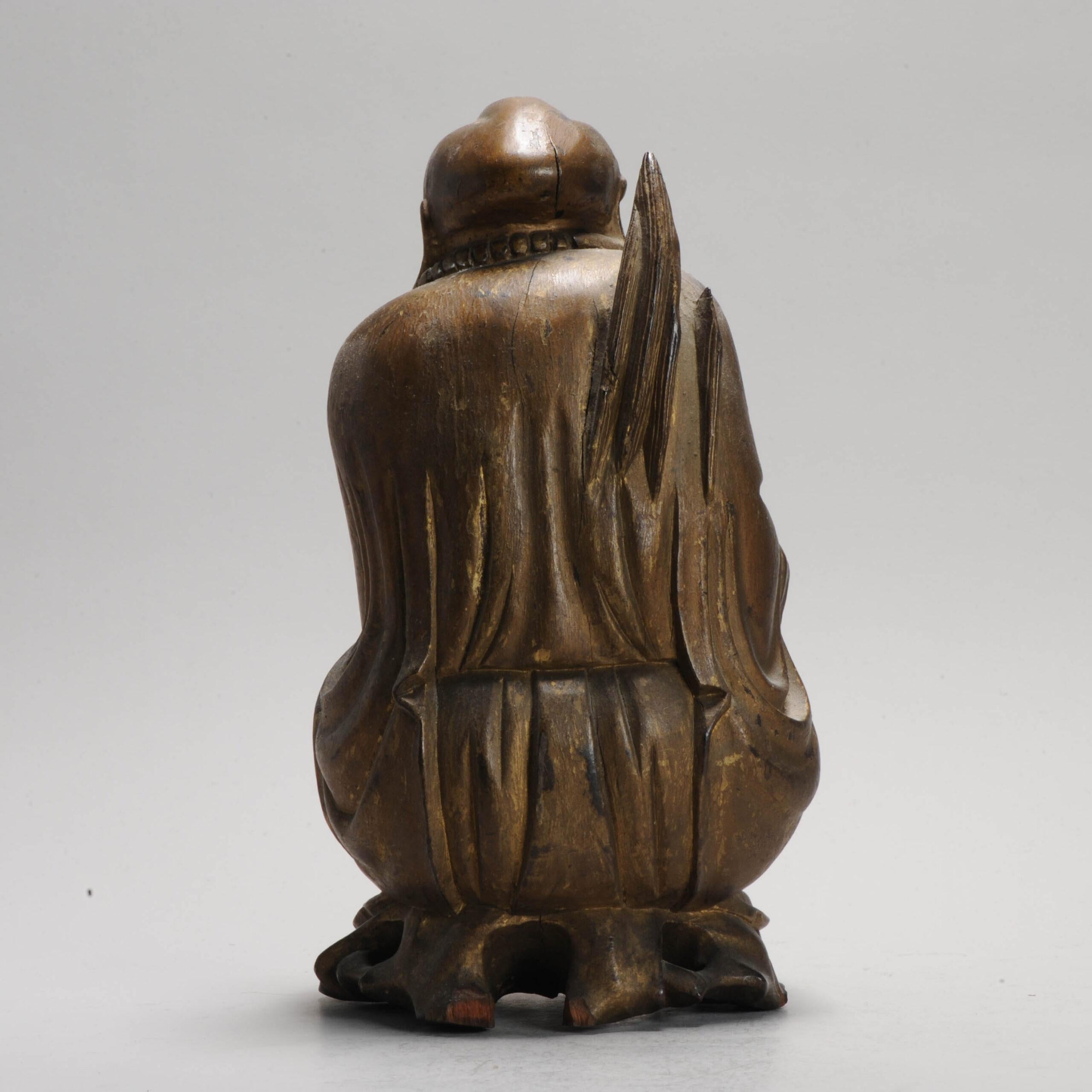 Qing Antique Fine Chinese Carved Wood Statue of Laughing Buddha Chinese, 1900 For Sale