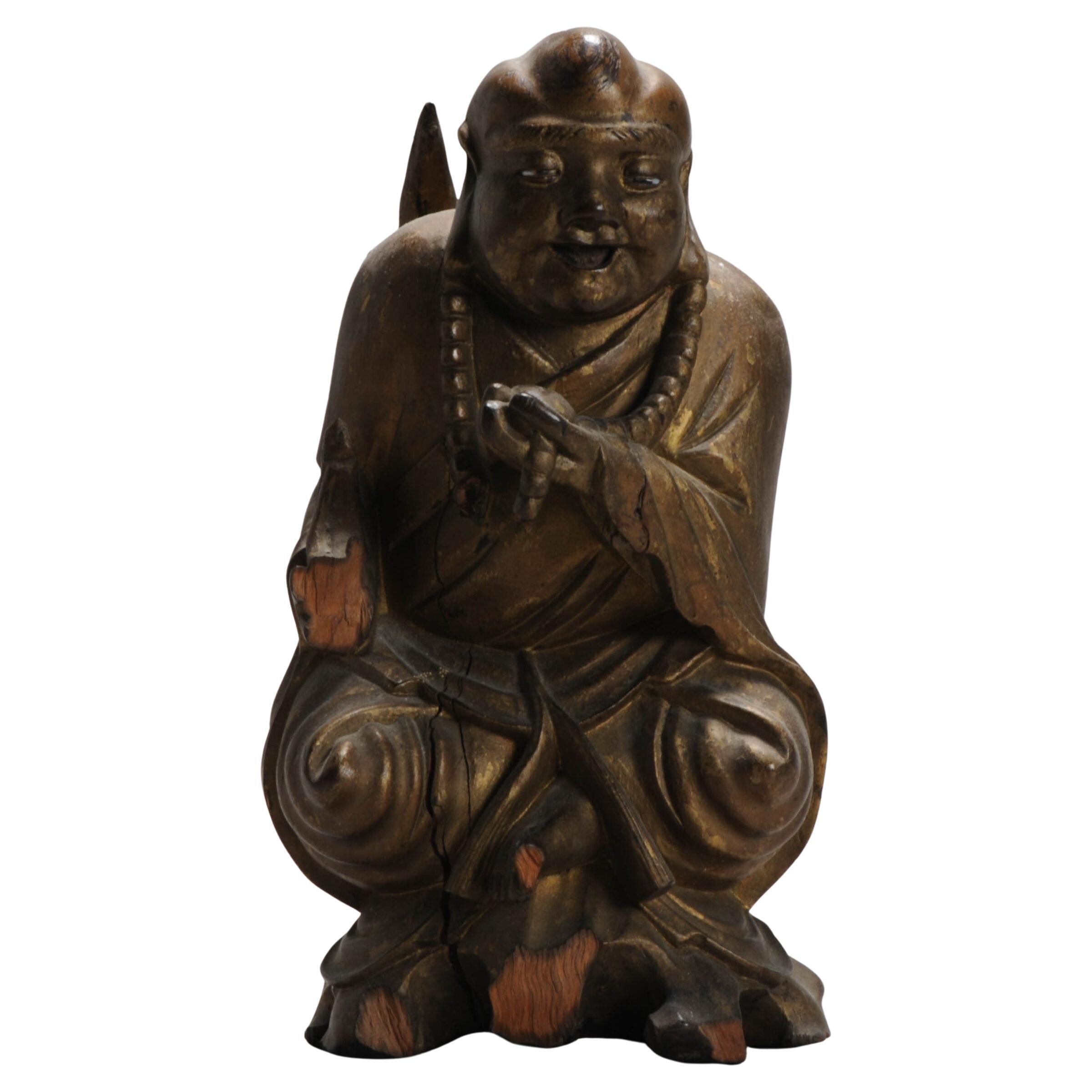 Antique Fine Chinese Carved Wood Statue of Laughing Buddha Chinese, 1900