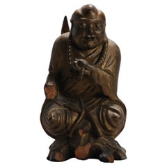 Antigua estatua china de madera tallada de Buda sonriente China, 1900