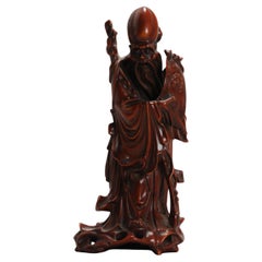Antigua estatua china de Buda sonriente tallada en madera, ca. 1900