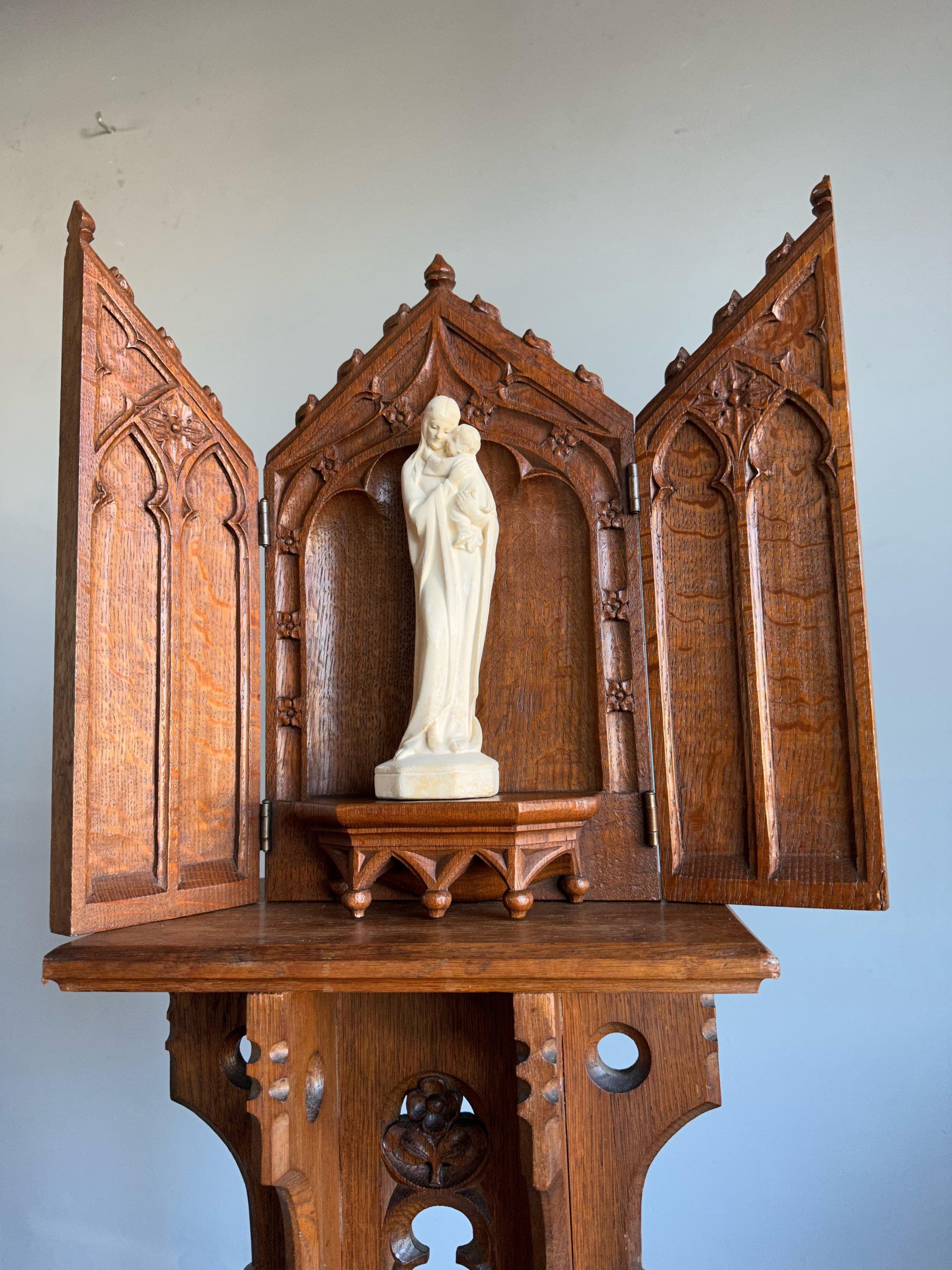 Antique Fine Handcarved Oak Gothic Revival Wall Shrine / Chapel w Mary Statuette 8