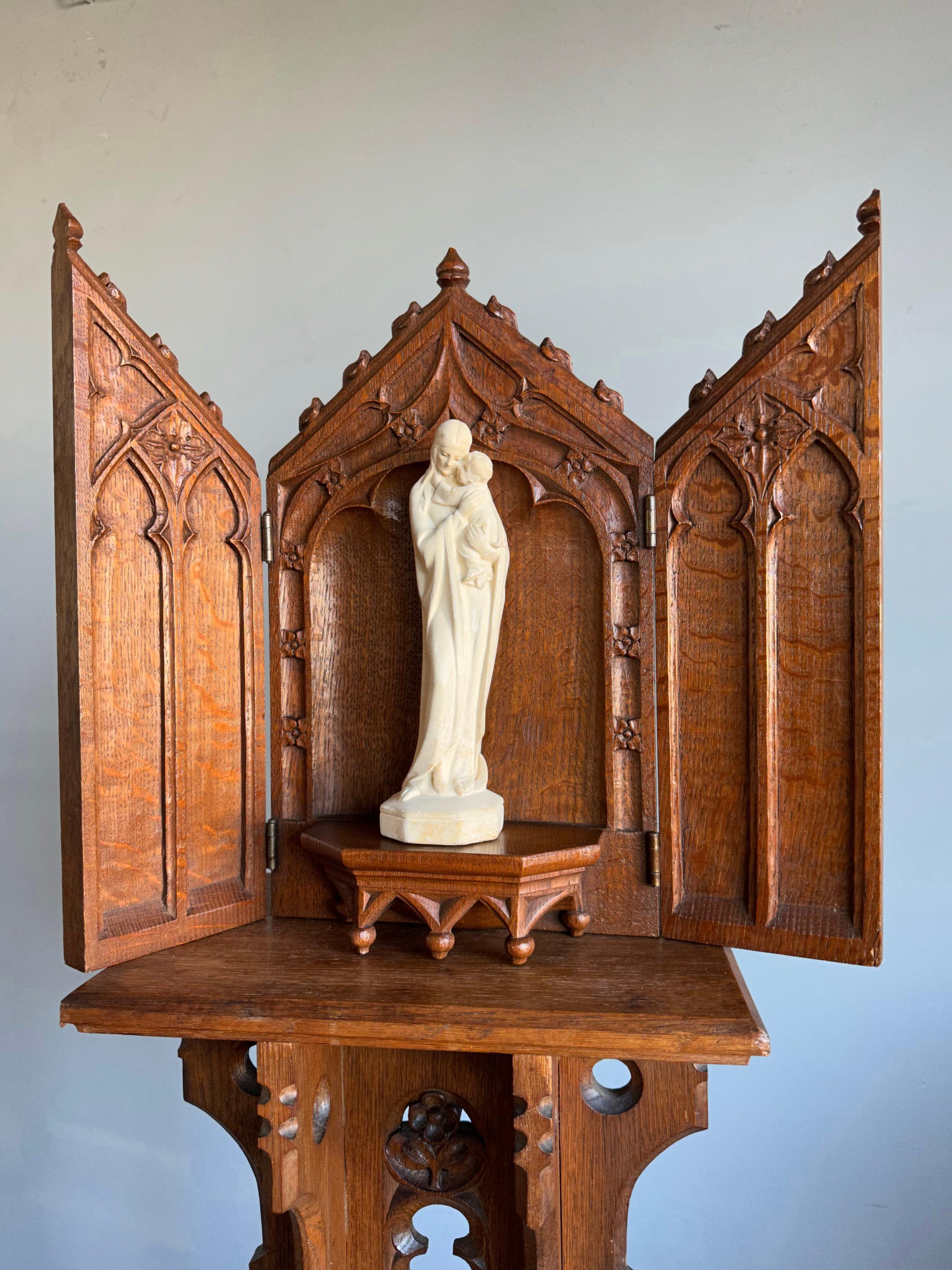 Antique Fine Handcarved Oak Gothic Revival Wall Shrine / Chapel w Mary Statuette 10