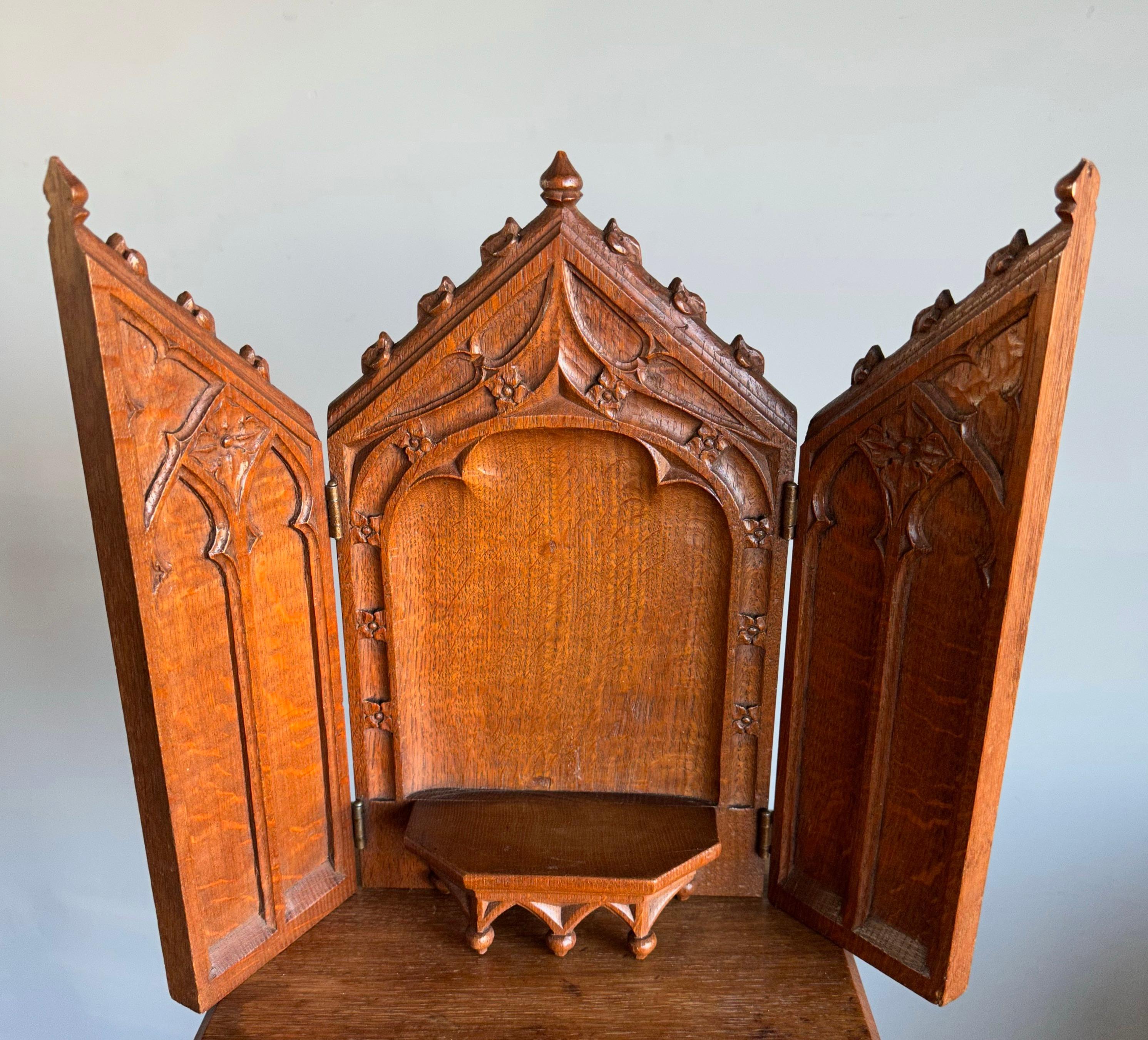 Antique Fine Handcarved Oak Gothic Revival Wall Shrine / Chapel w Mary Statuette 11