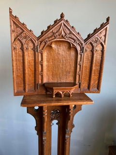 Antique Fine Handcarved Oak Gothic Revival Wall Shrine / Chapel w Mary Statuette