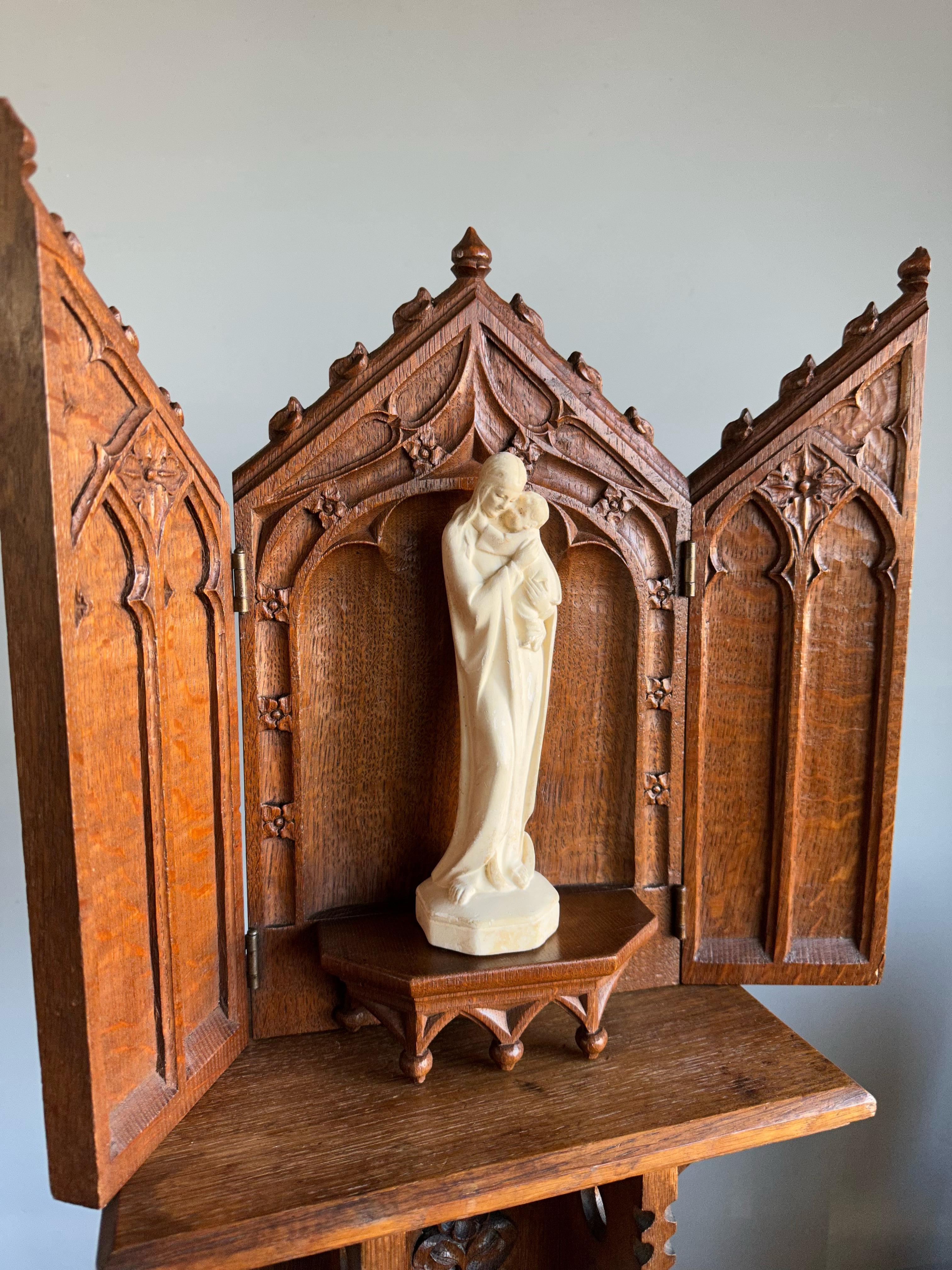 French Antique Fine Handcarved Oak Gothic Revival Wall Shrine / Chapel w Mary Statuette