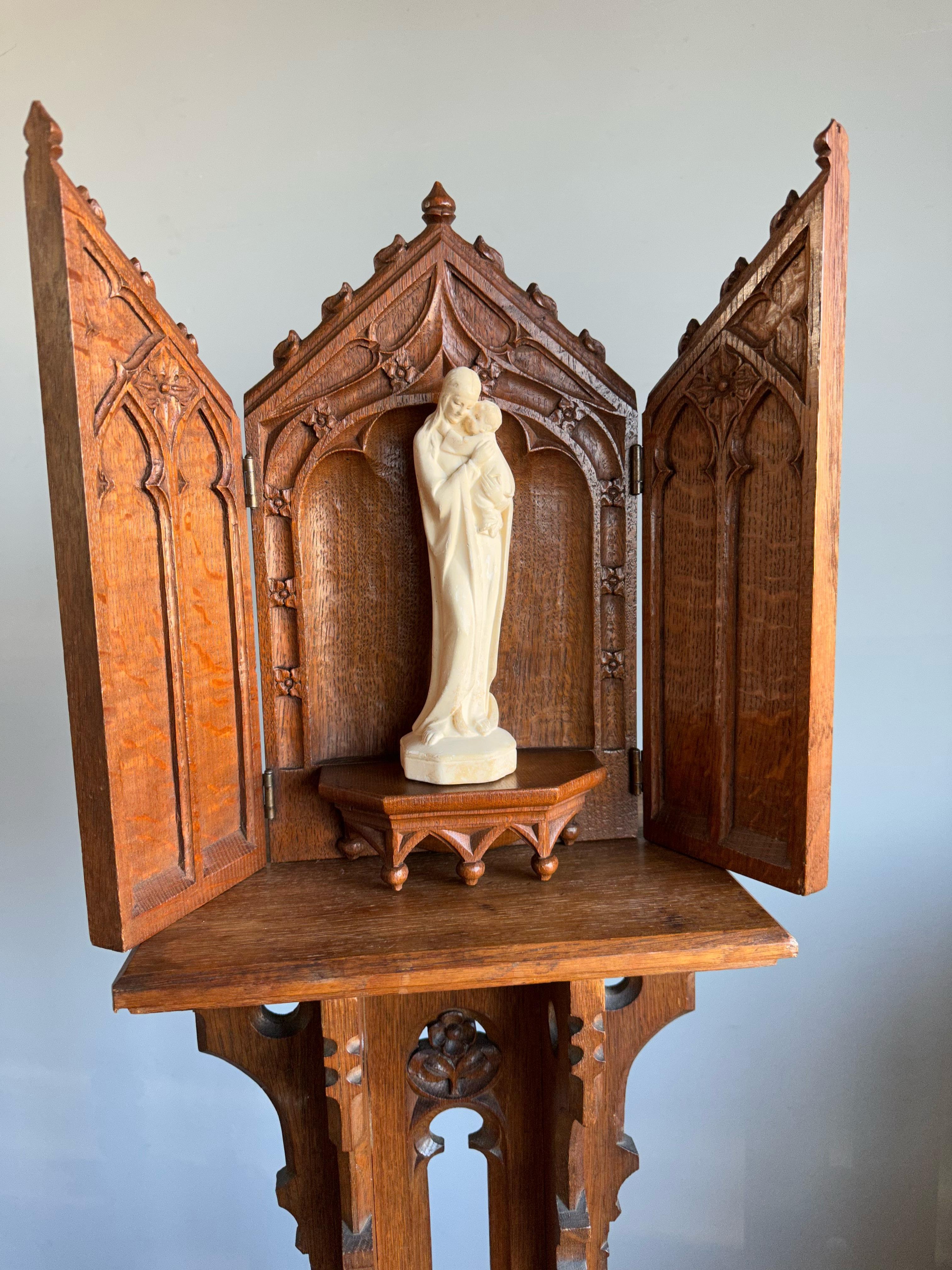 Hand-Painted Antique Fine Handcarved Oak Gothic Revival Wall Shrine / Chapel w Mary Statuette